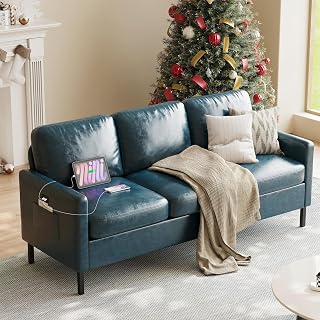 STHOUYN 73" Faux Leather 3-Seat Sofa with 2 USB Ports, Side Pockets, Wooden Frame - Modern Couch for Apartment, Living Room, Office