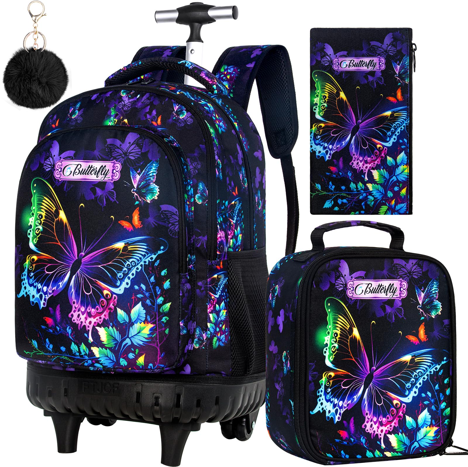 Mochila con ruedas de 3 piezas para niñas y mujeres, mochila con ruedas para niños, juego de mochilas con ruedas de mariposa para niños pequeños de primaria (negro), Negro mariposa, 48,26 cm,