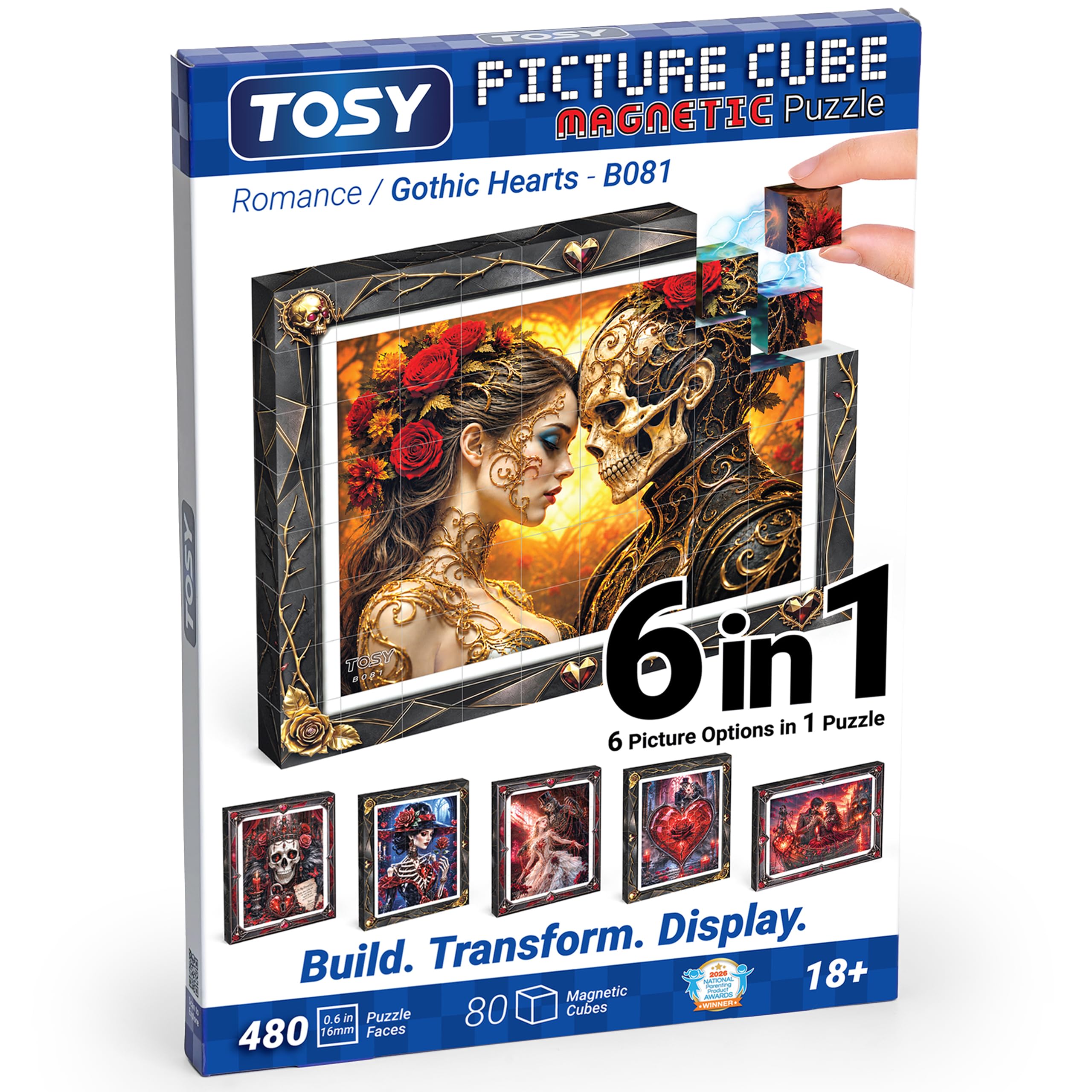 TOSY Picture Cube Halloween Gothic Hearts: 6-in-1-Magnetpuzzle, 80 Blöcke, 480 Flächen, 1,6 cm, B081, Nahtlose UV-Motive, Rahmen zum Ausstellen, sammelbar, Valentinstagsgeschenk für Erwachsene