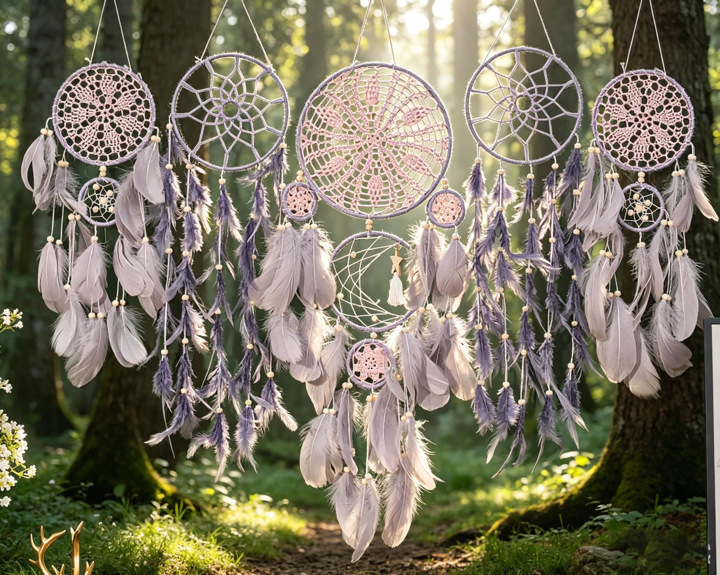 Juego de 5 atrapasueños colgantes de luna grande, color flor