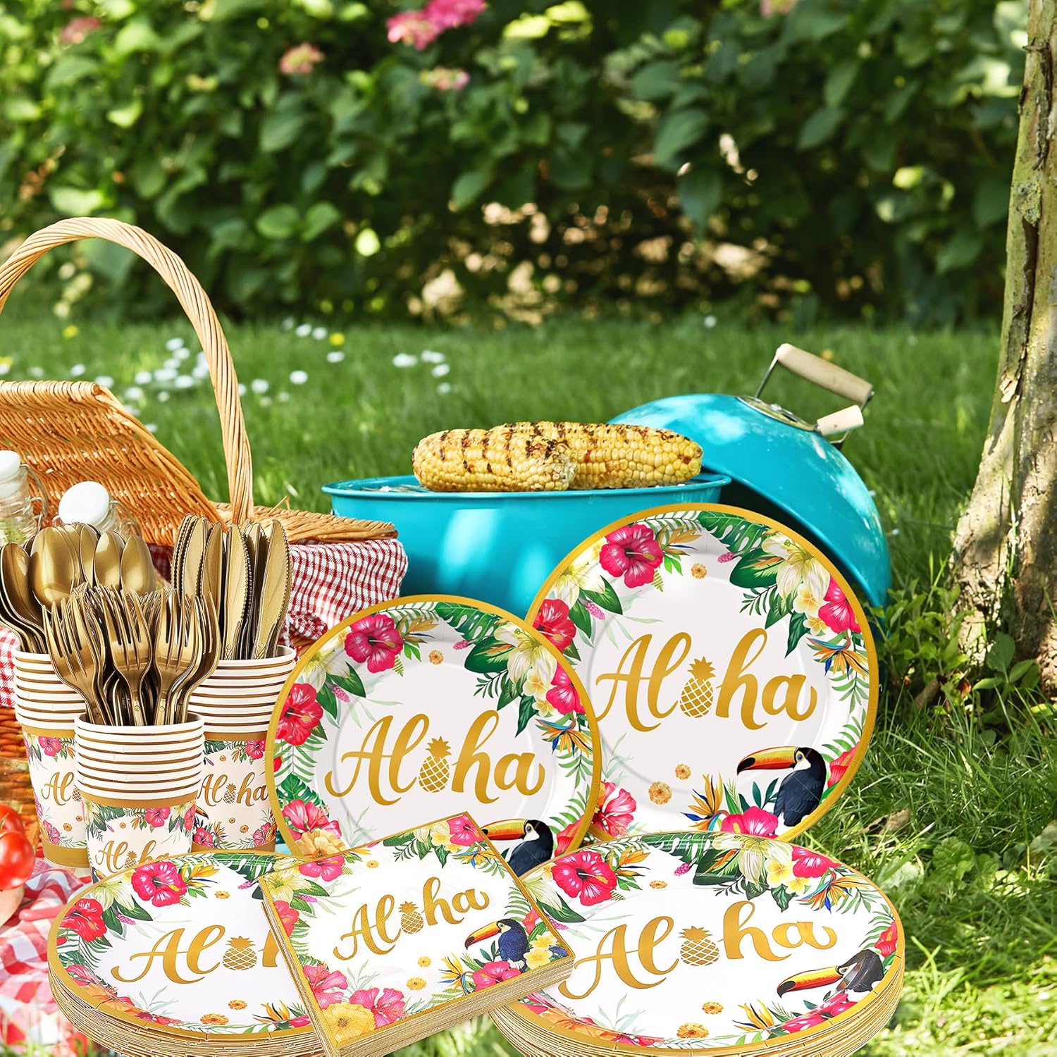 Golden Aloha Party Tableware Supplies, 168PCS Hawaiian Plates Napkins Cups and Cutlery Set, 24 Set Tropical Disposable Dinnerware for Luau Birthday Party Decorations