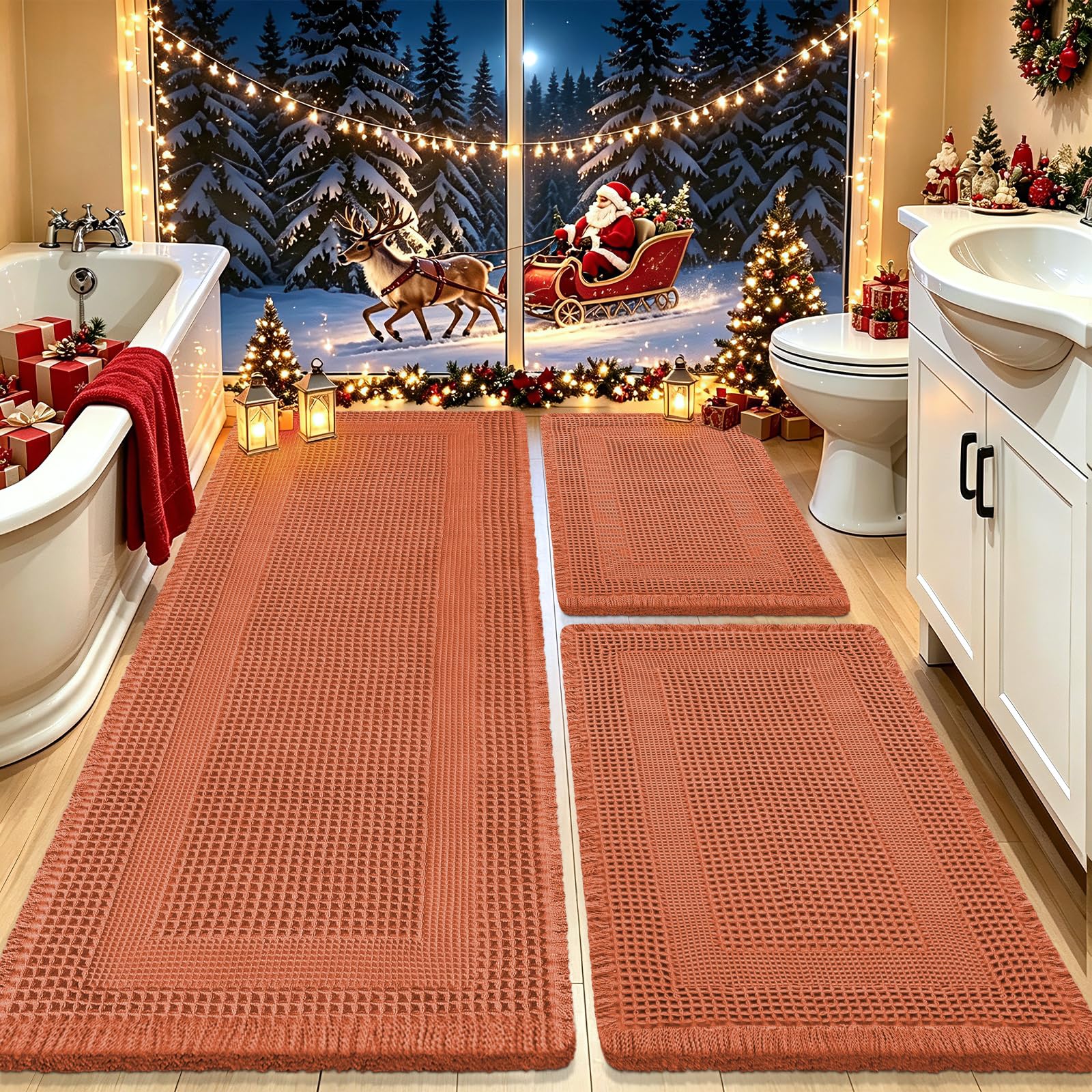 Upgrade Waffle Bath Mat Set 3 Piece, Boho Bathroom Rugs Absorbent Non Slip, Soft Bathroom Mats, Machine Washable Knit Bath Rugs with Tassels for Bathroom, Bedroom, Kitchen, Shower, Tub, Burnt Orange
