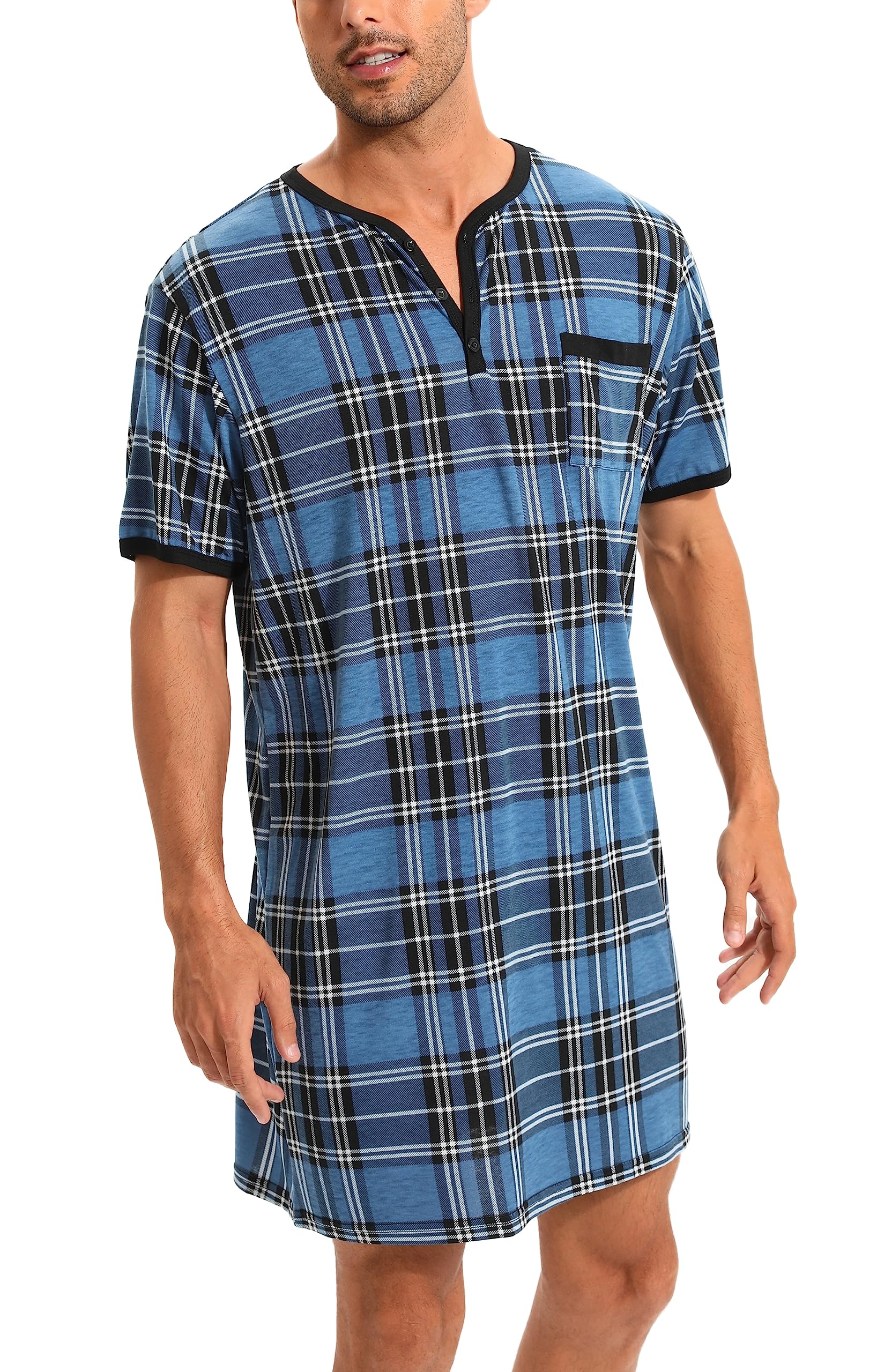 Chemise de Nuit Homme Pyjama Manches Courtes Hauts de Pyjama Homme Tee-Shirt Long Col Rond avec Boutons Vêtements d'Intérieur T-Shirt Grande Taille Douce Confortable