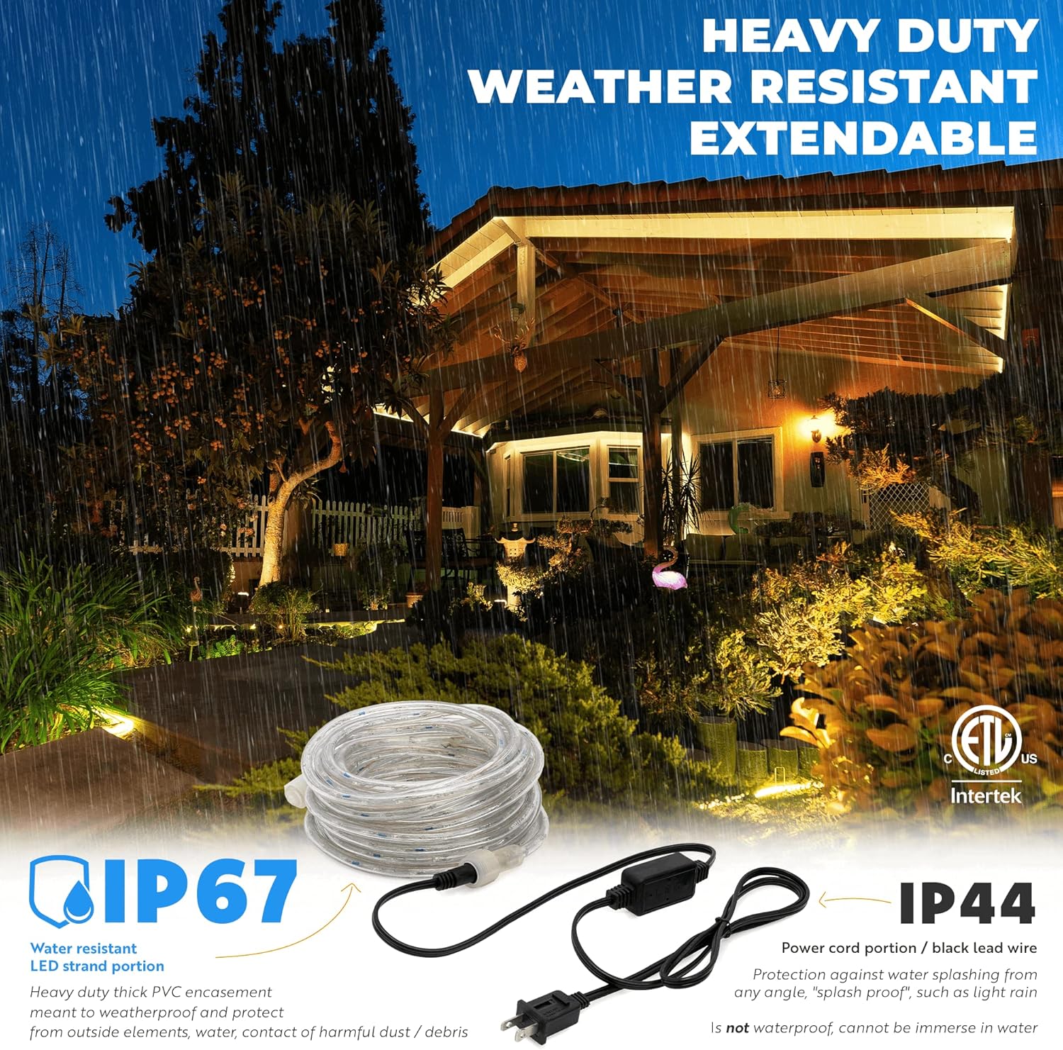 WYZworks LED Extendable Rope Lights 50' feet Warm White 3/8" | ETL Certified Water Resistant Flexible Accent Holiday Christmas Xmas Tree Venue Decoration Indoor/Outdoor Lighting