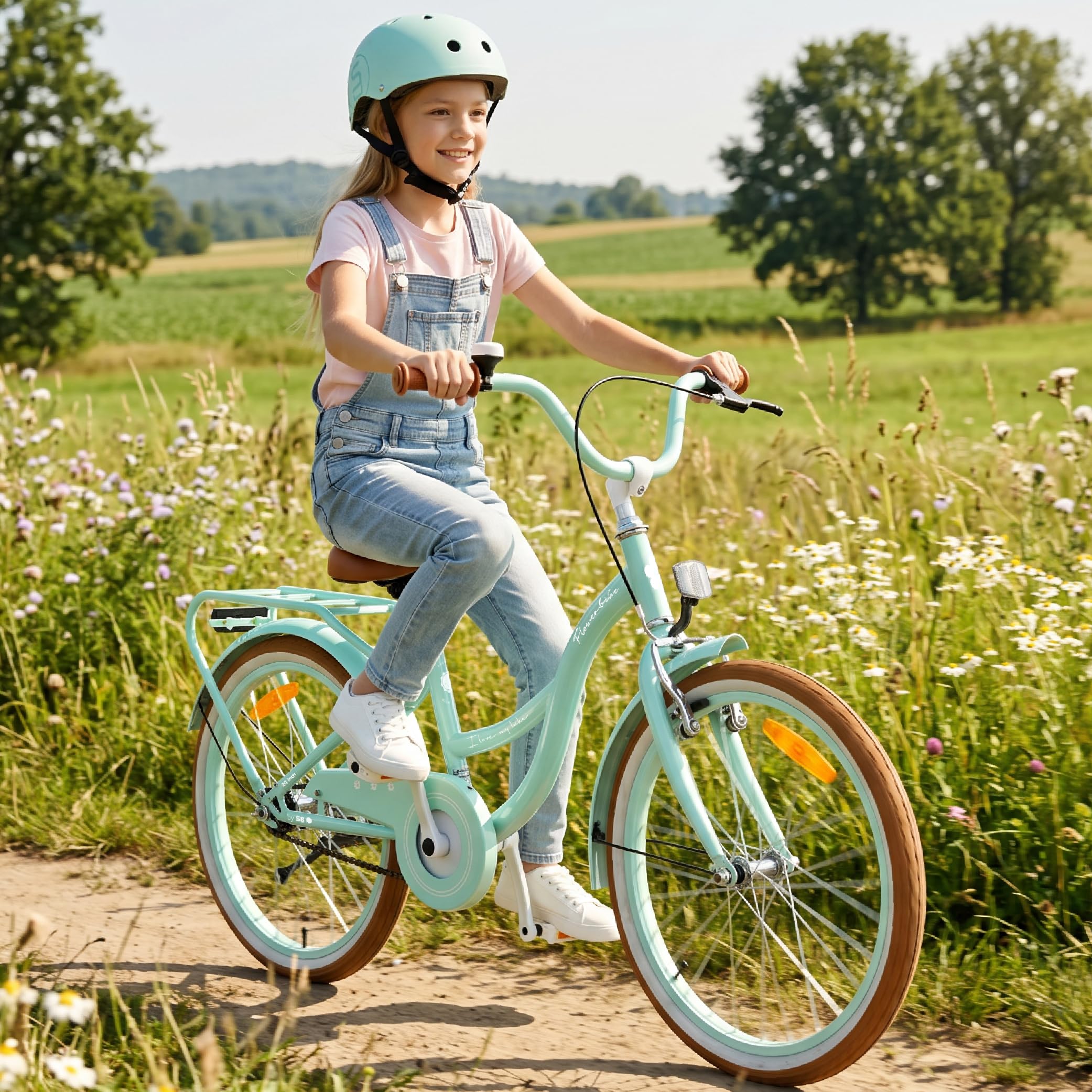 sun baby Flower Bike Retro Mädchenfahrrad - Kinderfahrrad mit Stahlrahmen, V-Bremsen, Schutzbleche, Kettenschutz, Scheinwerfer, Klingel, höhenverstellbar
