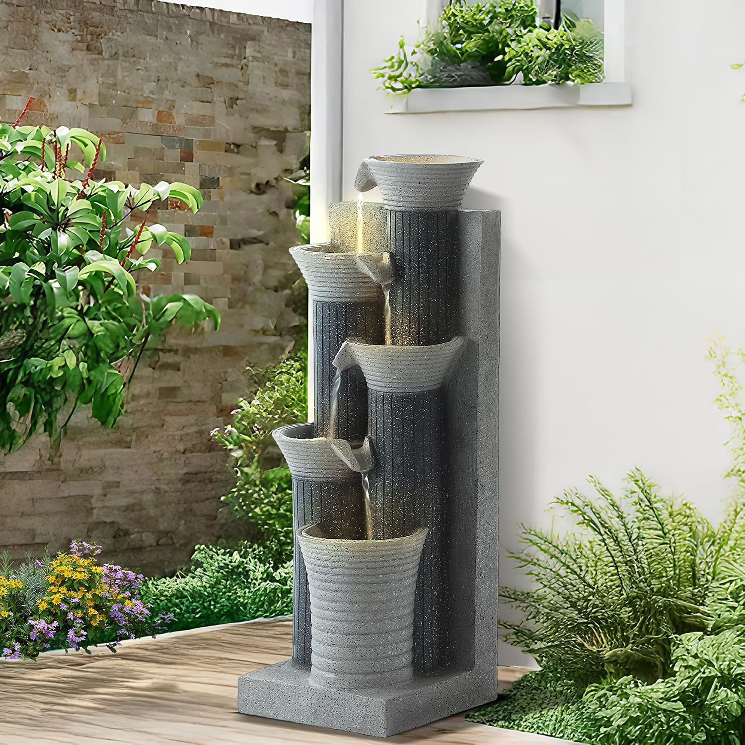 24" H Water Fountain Outdoor, 5-Tiers Cascading Resin Garden Fountains, Indoor Waterfalls fountain with LED Lights, Bamboo-shaped Bird Bath Fountains for Patio, Balcony, Yard (Grey/Black Combo)