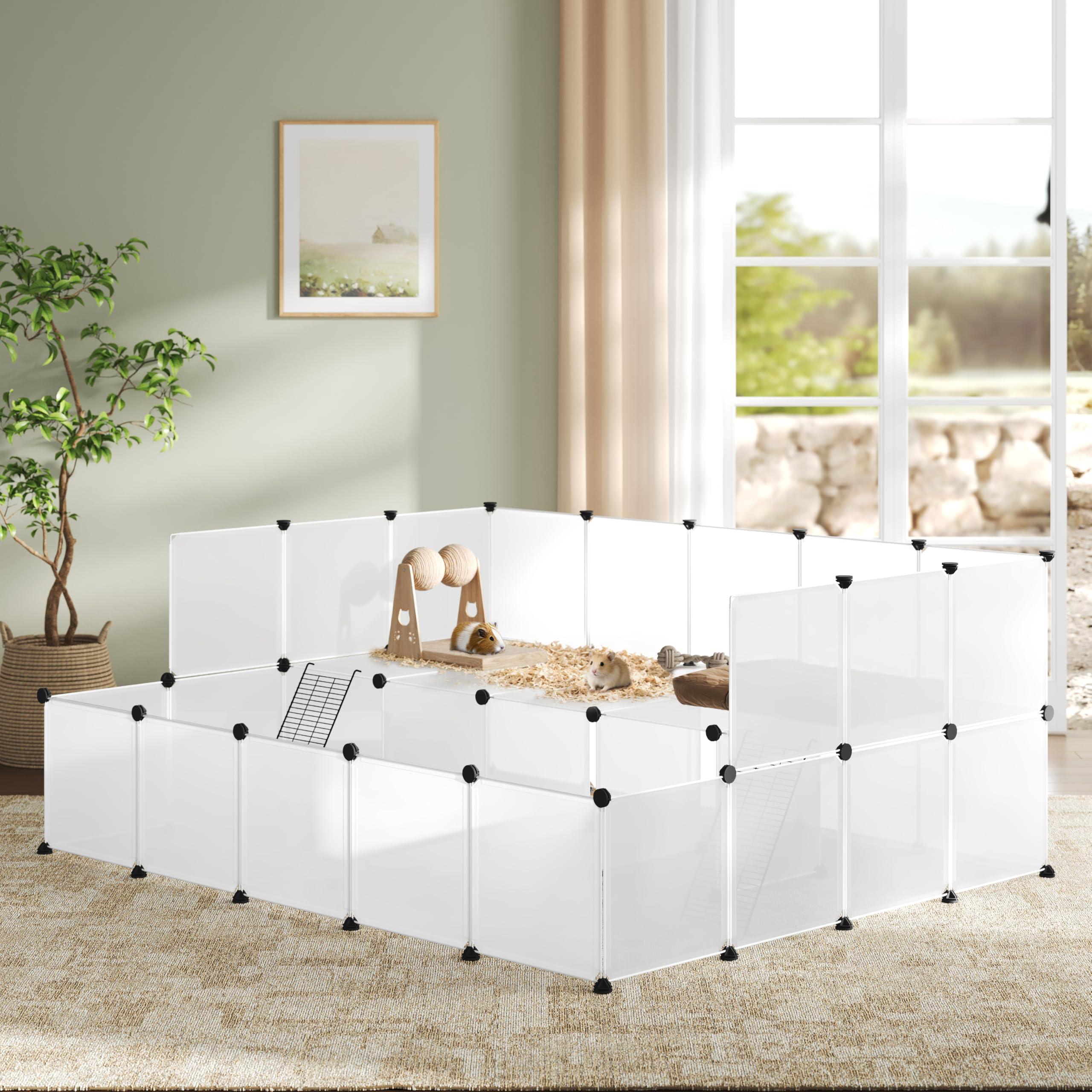 EUGAD Enclos Lapin, Parc pour Cochon d'Inde, Enclos pour Petits Animaux Hamsters Lapins Cochons, Parc Cochon d'Inde Modulable DIY 45 Panneaux, 2 Niveaux, Blanc 181x145x72cm