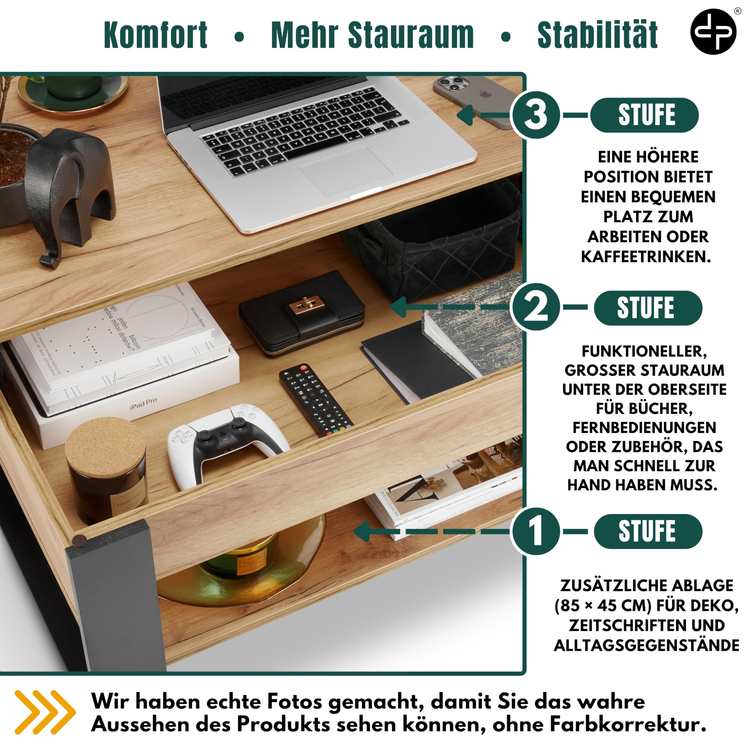 defiPad Couchtisch Höhenverstellbar mit Stauraum, Wohnzimmertisch Eiche-Schwarz mit hochziehbarer Tischplatte, verstecktem Fach und Ablage, 92 x 51 cm