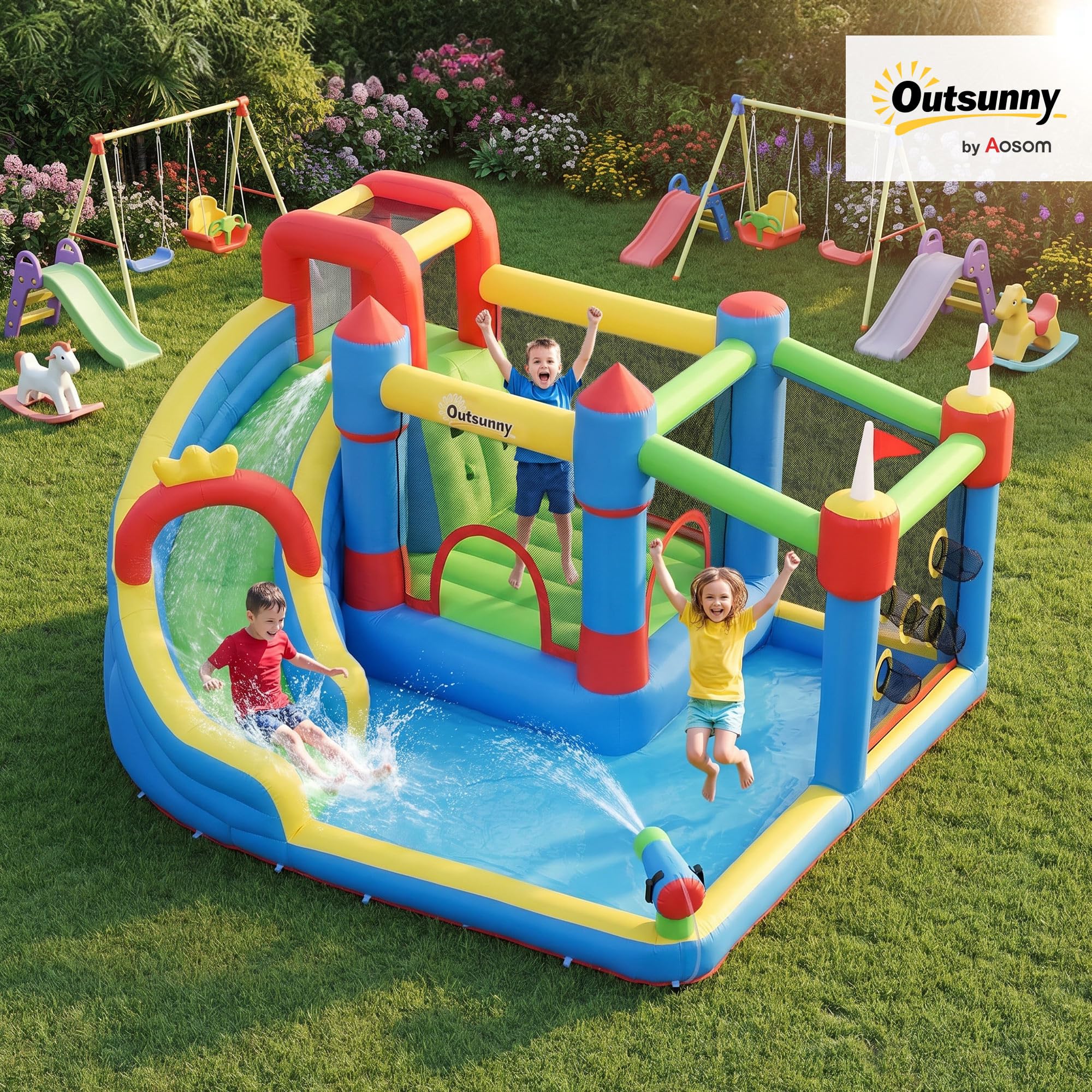 Outsunny Nadmuchiwany zamek struktura plac zabaw z pistoletem na wodę zjeżdżalnię trampolinę + 3-8 lat z pompką i torbą transportową 390 x 300 x 197 cm - Wielokolorowy