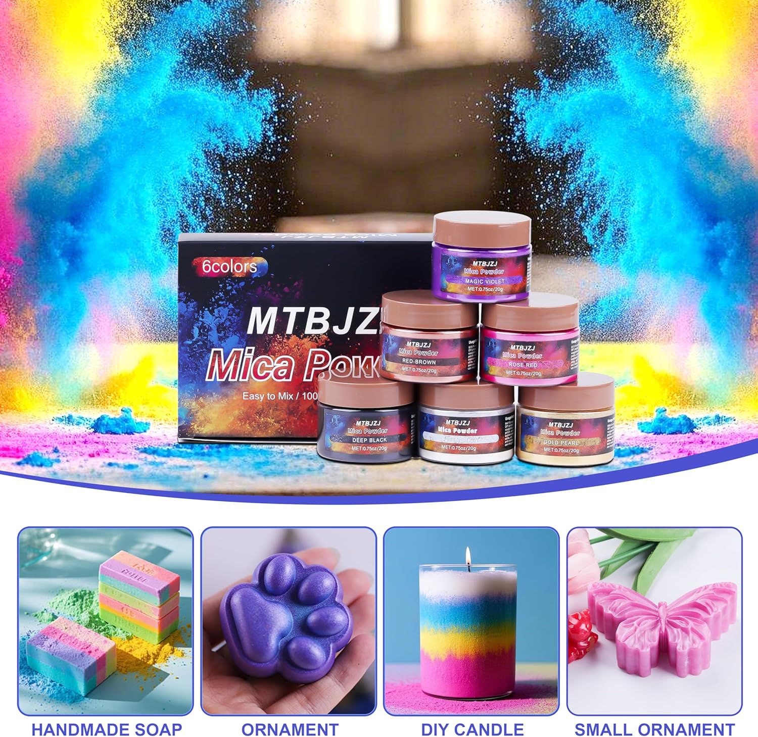 MTBJZJ Mica Powder, 6 Colors - 20g/Bottle of Epoxy Resin Color Pigment for Candle Dye, Lip Gloss Pigment, Soap Making, Slime Colorant, Paint, Bath Bombs,Nail Polish and Eye Shadow - Image 8