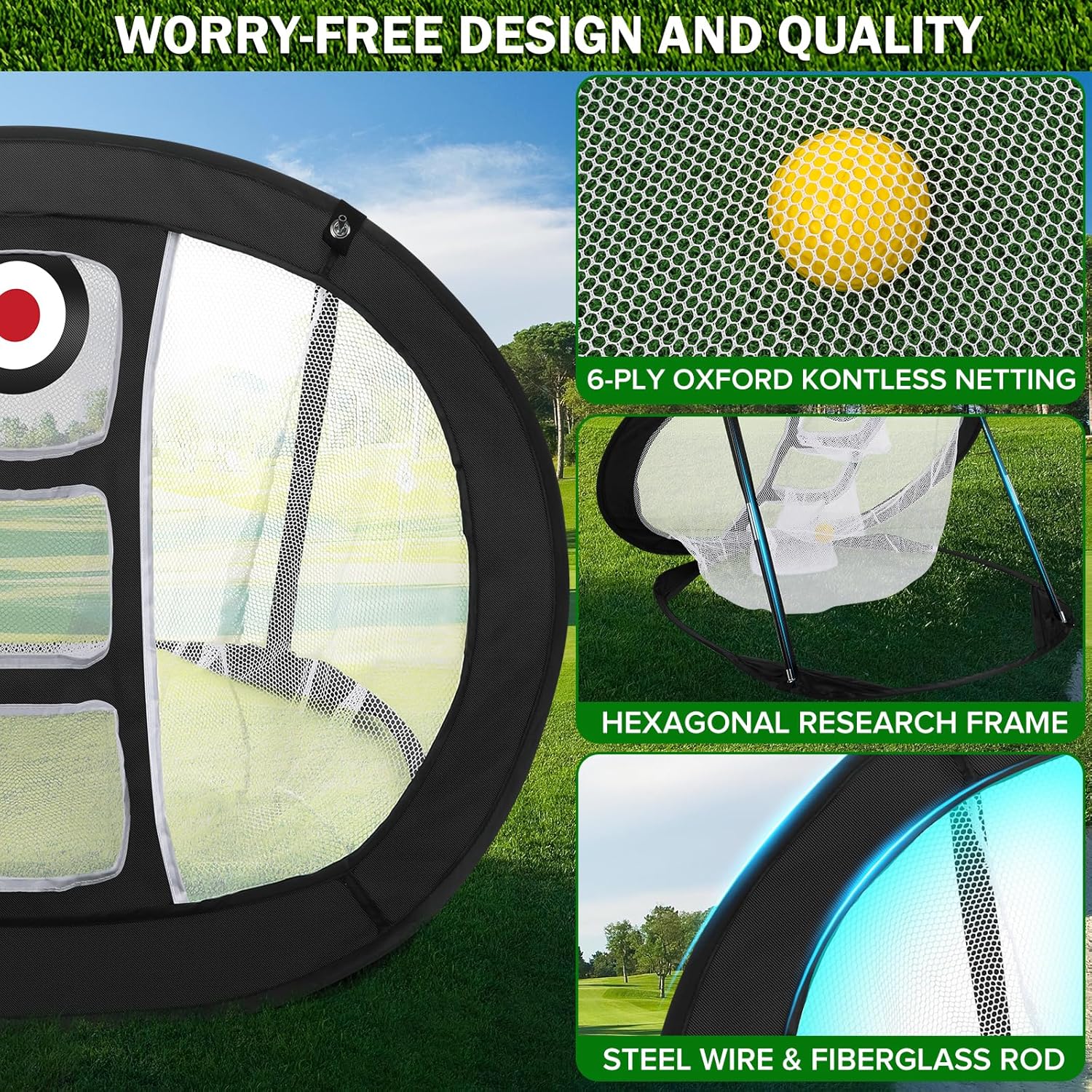 Golf Chipping Net with Tri-Turf Hitting Mat Set - Foldable Practice Target, 12 Foam Balls & 6 Tees in Carry Bag - Indoor Outdoor Backyard Golf Precision Training Gift & Aid for Beginners