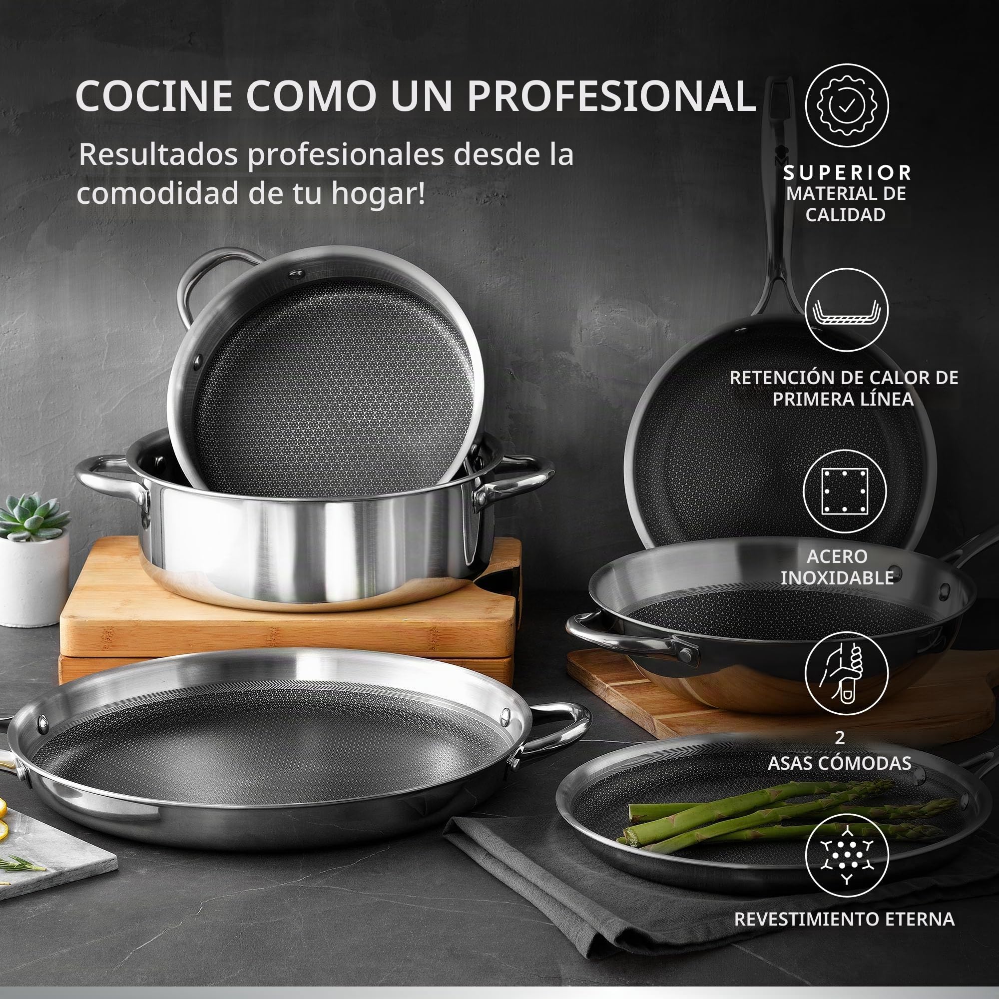 MasterPro Hi-Tech 3 | Cacerola de Cocina de 24 cm | Acero Inoxidable con Textura de Panal de Abeja | Revestimiento de 3 Capas | Menaje de Cocina | Apta para Todos los Tipos de Cocina