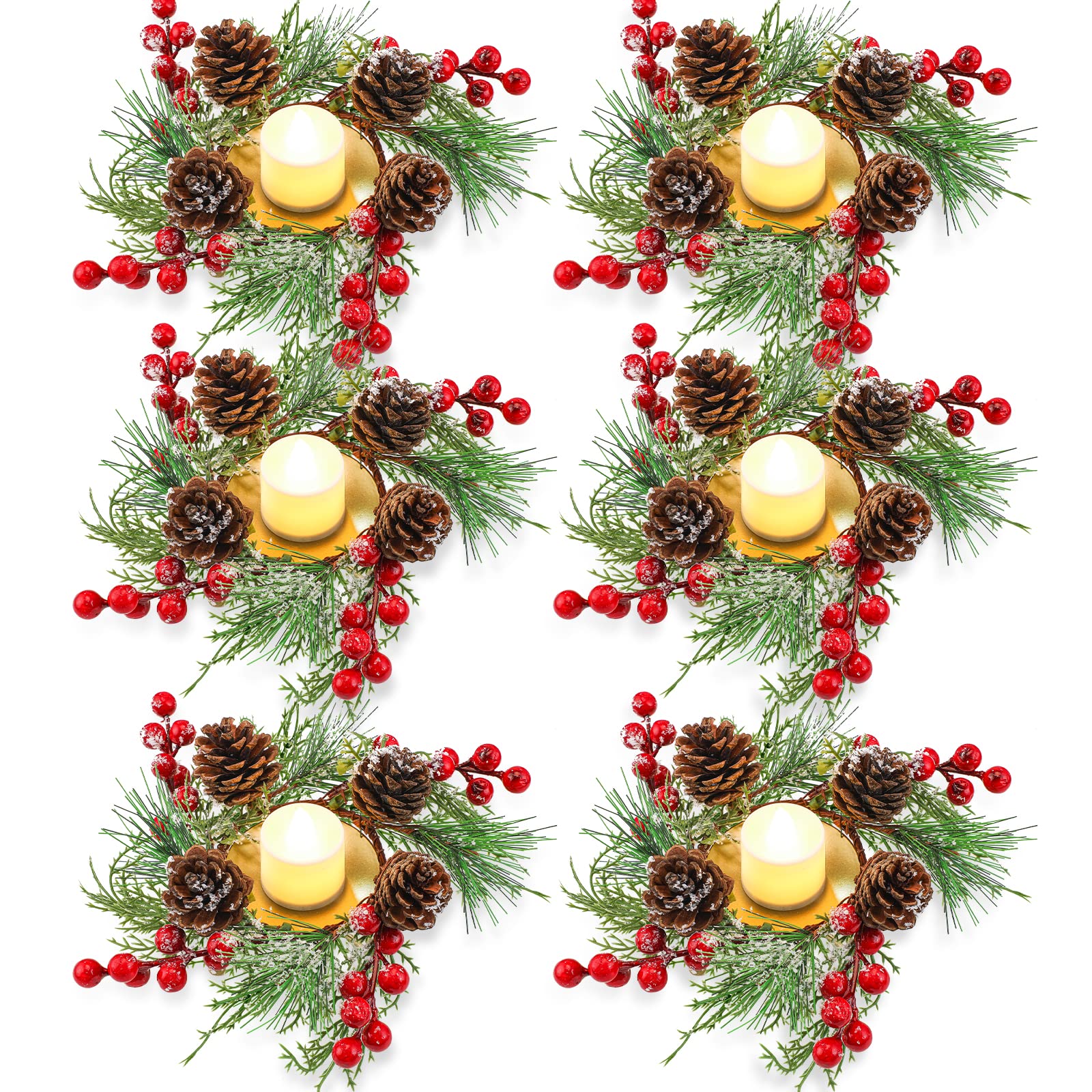 Photo 1 of 18 Pcs Christmas Candle Holder Sets 6 Christmas Votive Candle Holders with 6 Christmas Candle Ring Wreaths, 6 Flameless Tea Lights Candles for Wedding Christmas Table Centerpieces Party Dining