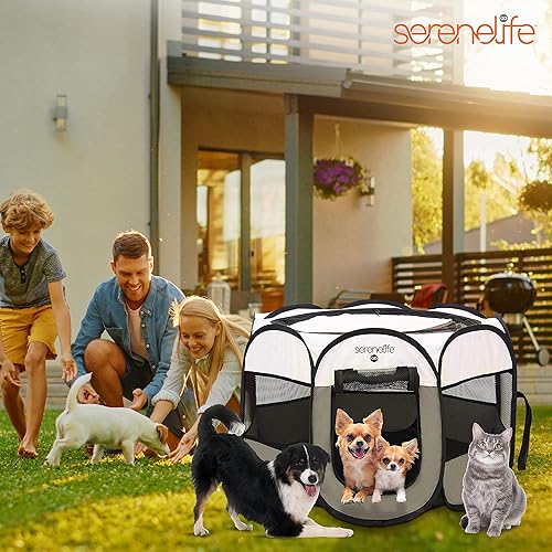 Miniatura 6 de SereneLife Corralito de 8 paneles para perros y gatos con cuenco de comidaagua, parque de juegos de malla para cachorros, casa de mascotas en