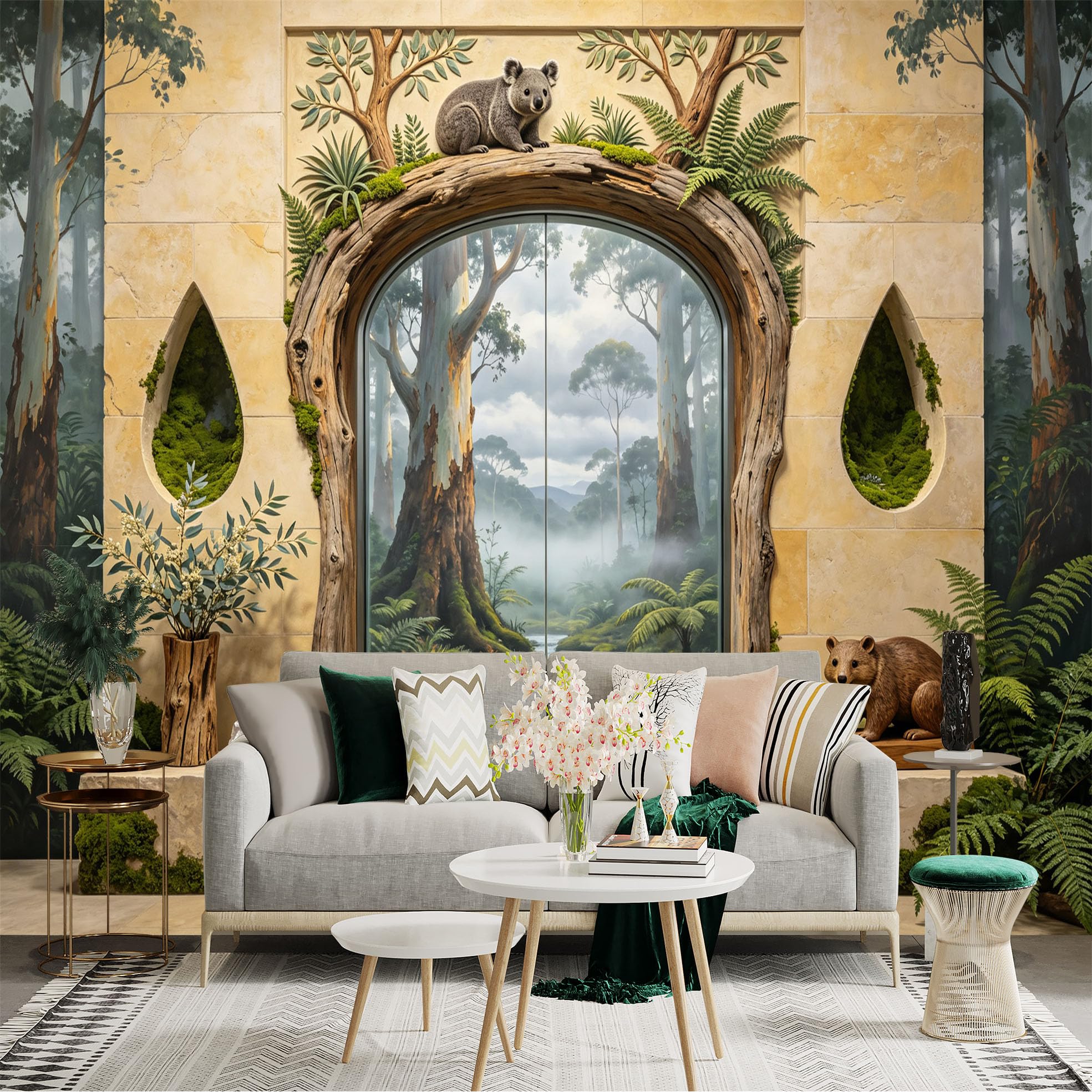 Custom Size Wall Sticker Mural， Forest Stream with Koala and Woodland Animals， for wall Decoration， peelandstick wall Decals.