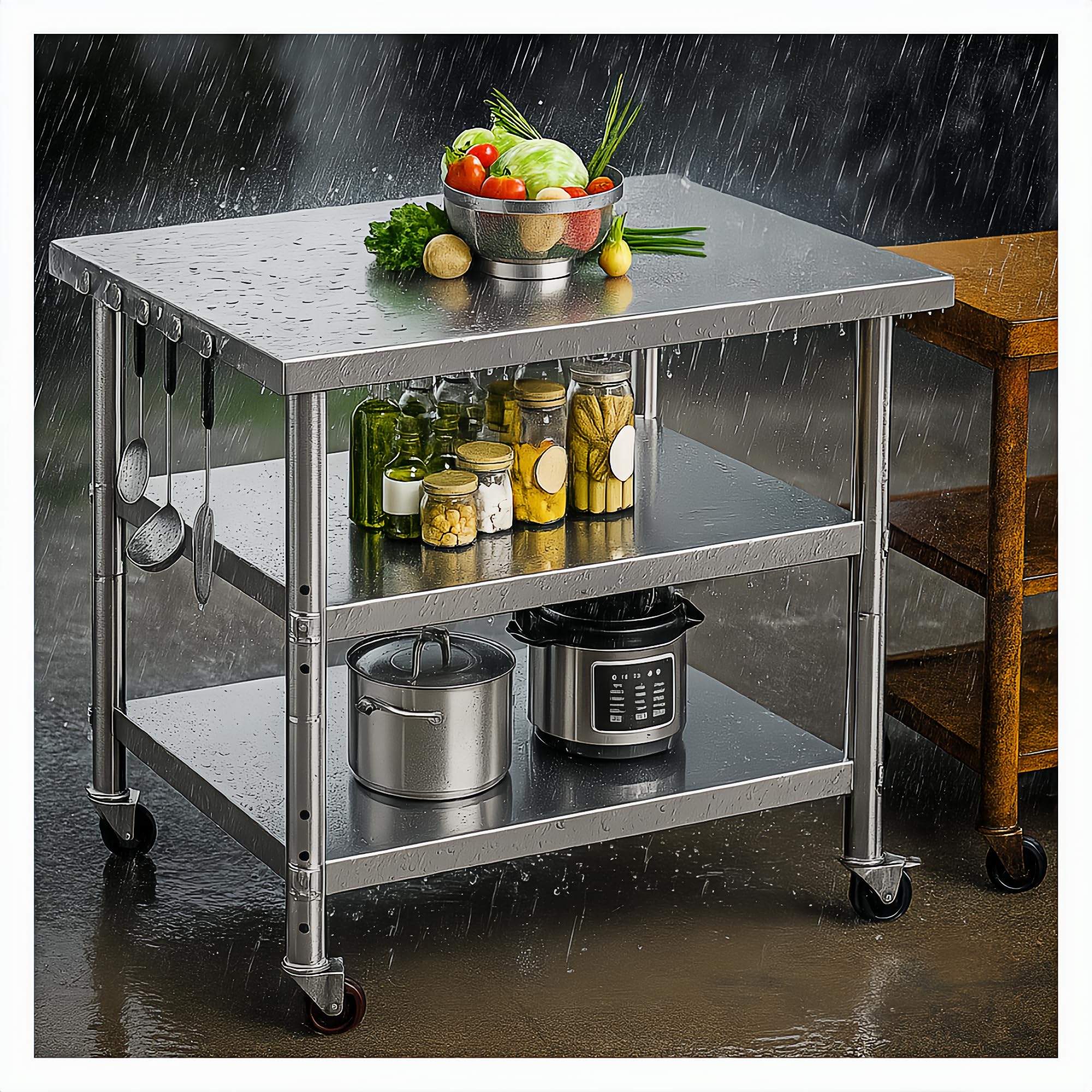 Stainless Steel Table with Wheels for Food Preparation and Work, Multi-Size Optional, Three-Layer Variable Two-Layer Metal Commercial Workbench Outdoor, Restaurant, Kitchen (28" Lx24 Wx34 H)