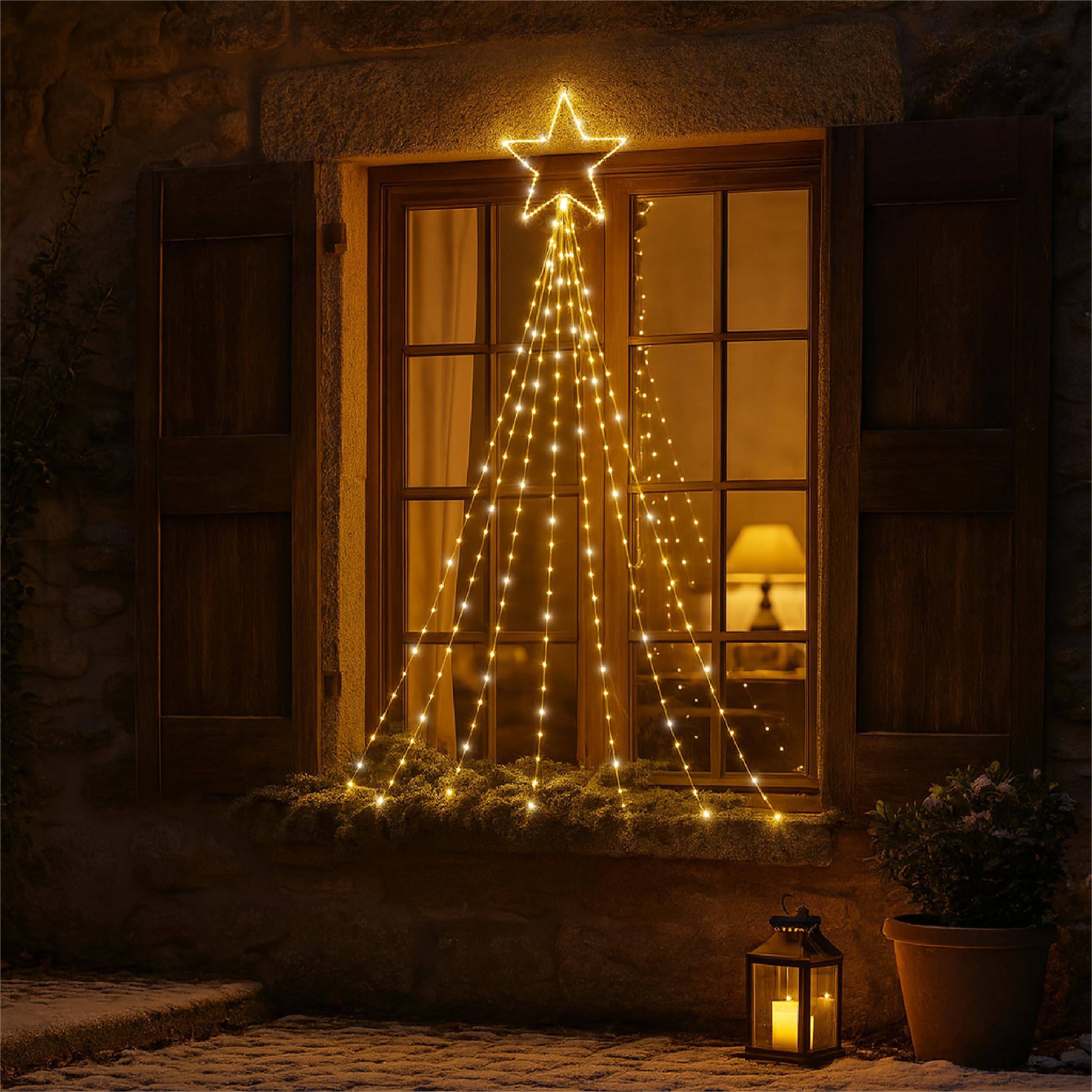 Xmas Haus Waterfall 2D Christmas Tree with Warm White LEDs, Star Top, Twinkle, Timer, 10m Lead, Indoor, Outdoor, For Festive Christmas Decoration Lighting, Garden Decor, Home, Shop Window Display 1.5m