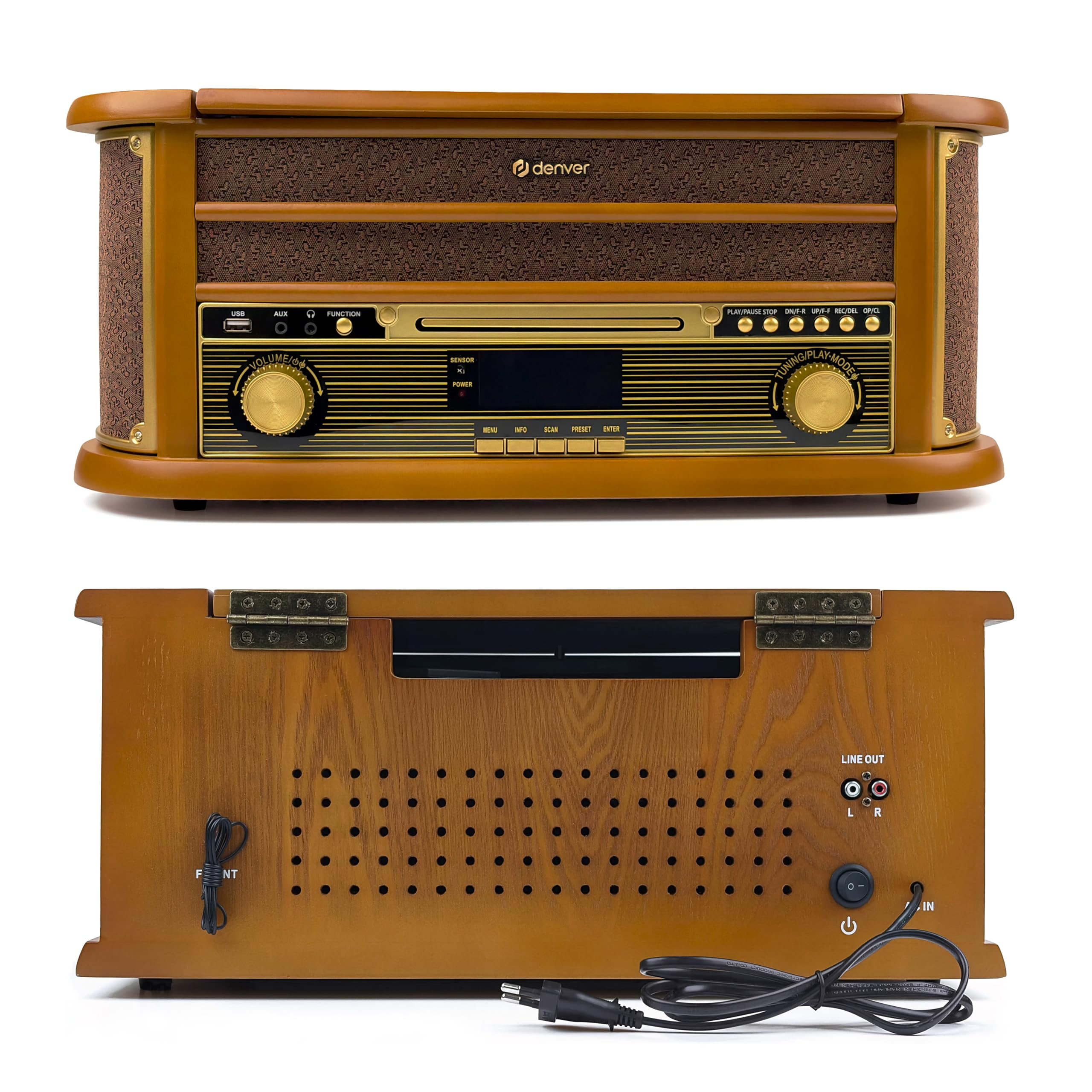 Denver MRD-51 Chaîne Musicale rétro avec Platine Vinyle, Dab+/FM, CD, Cassette, USB, AUX, Enregistrement MP3, Bois