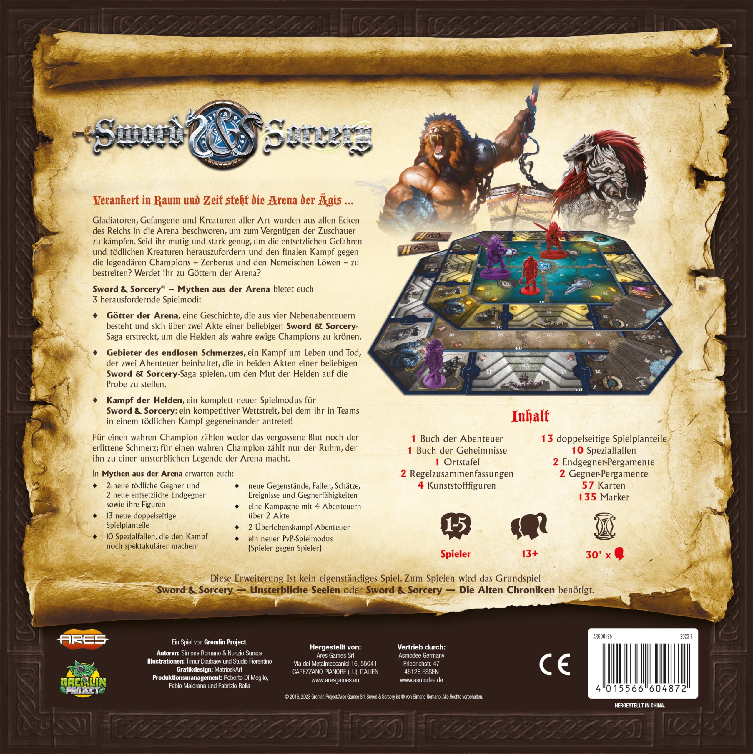 Ares Games, Sword & Sorcery – Mity z areny, rozszerzenie kampanii, gra ekspercka, Dungeon Crawler, 1-5 graczy, od 13 lat, 30-150 minut, niemiecki