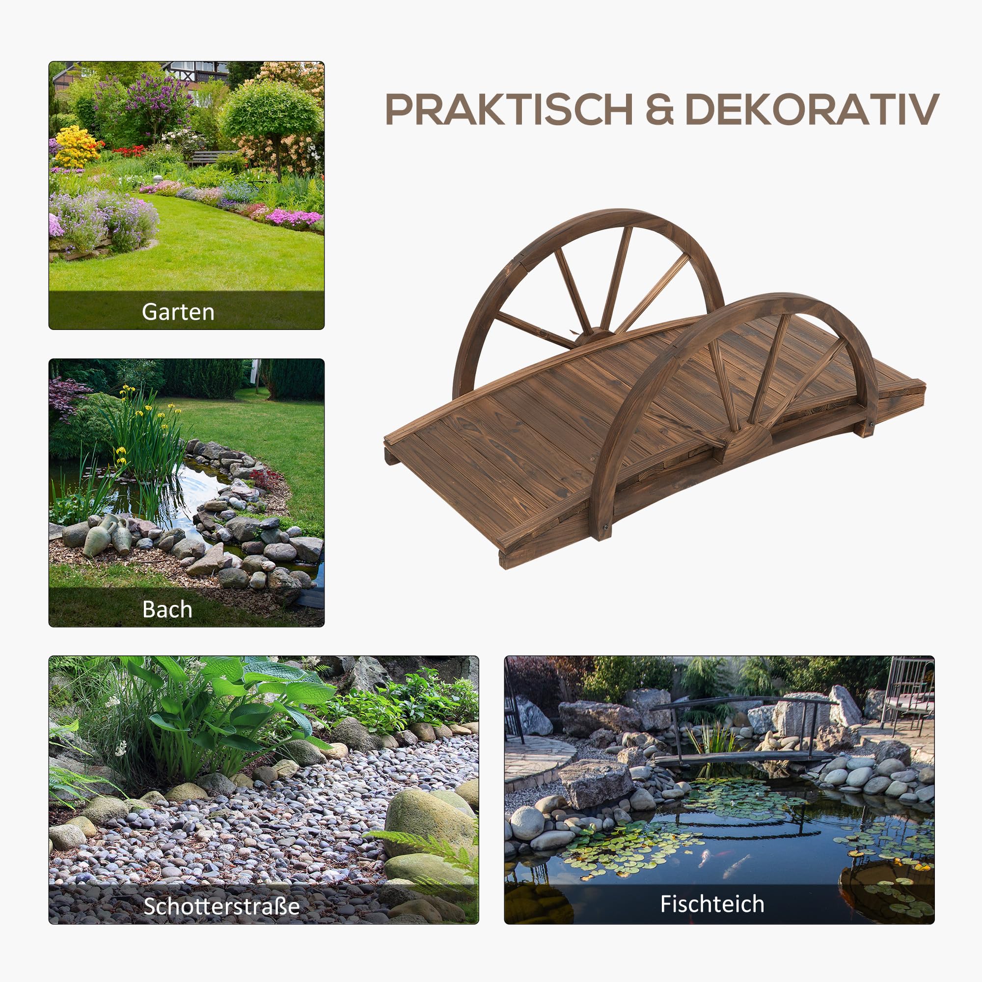 Outsunny Gartenbrücke aus Tannenholz, Holzbrücke mit Rad Design, Teichbrücke bis 150 kg belastbar, Zierbrücke Dekobrücke, Brücke für Garten Park Hinterhof 100 x 50 x 37 cm Verkohlt