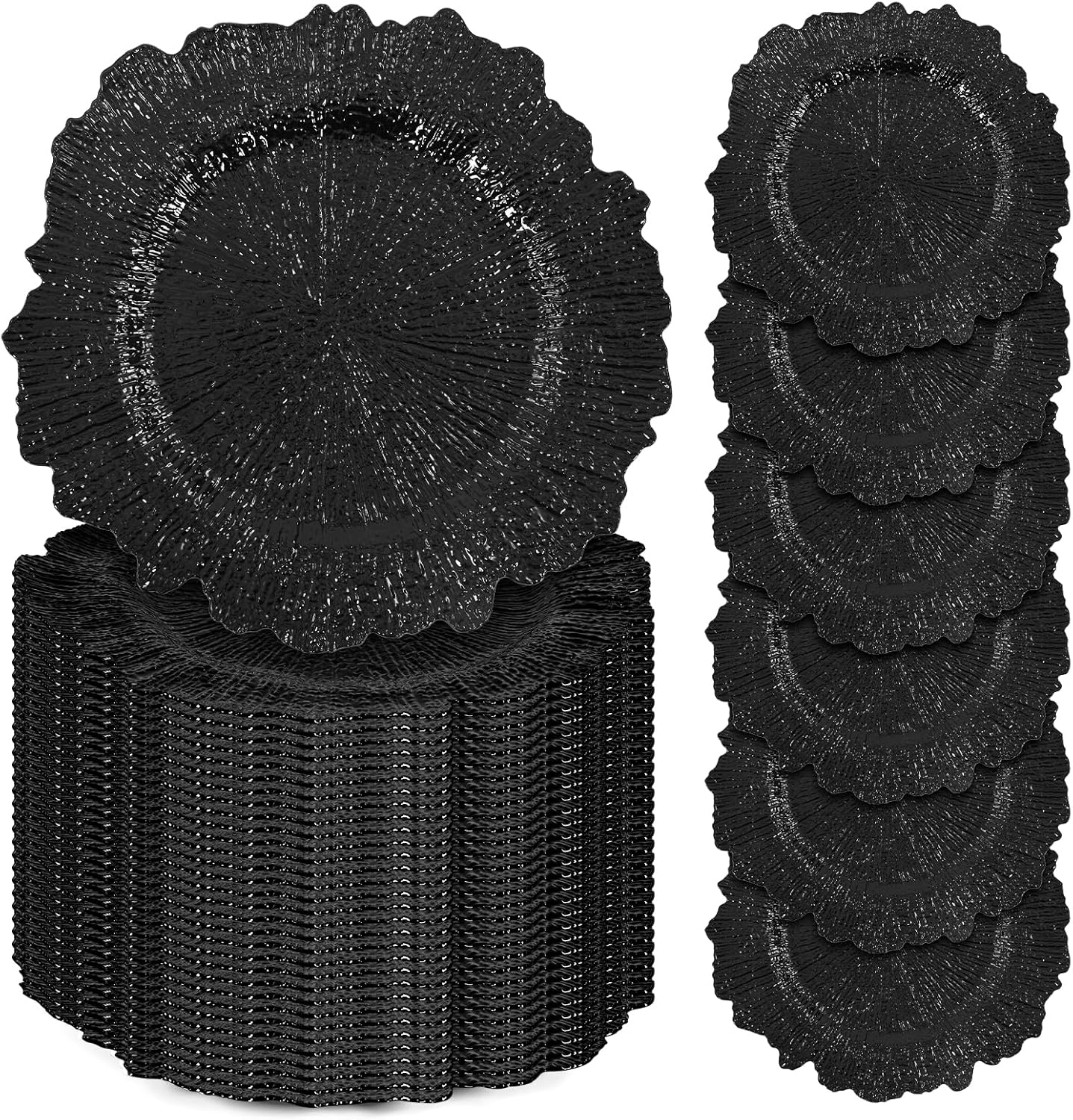 50 Pcs Black Charger Plates Bulk, 13" Reef Plate Chargers for Dinner Plates, Plastic Floral Decorative Plates for Table Setting, Round Table Chargers for Wedding, Christmas, Party, Event, Decoration Black 50 Pcs