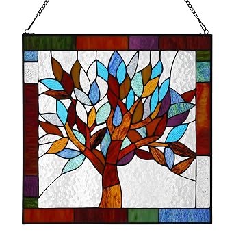 RIVER OF GOODS Tree 18 Inch High Stained Glass Suncatcher Window Panel, Brown, Blue, Clear, Amber