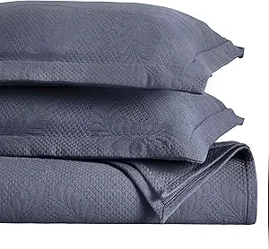 Superior 3 Piece Cotton Bedspread Set, Home Bed Decor, Decorative Bed Spread, 2 Pillow Shams, Medium Weight Blanket, Matelasse Coverlet, Bedding Essentials, Peploi Collection, King, Denim Blue