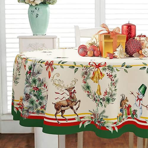 Miniatura 2 de Yighty Mantel ovalado de Navidad de 60 x 84 pulgadas, decoración navideña de alce de árbol de Navidad, poliéster, impermeable y resistente a las