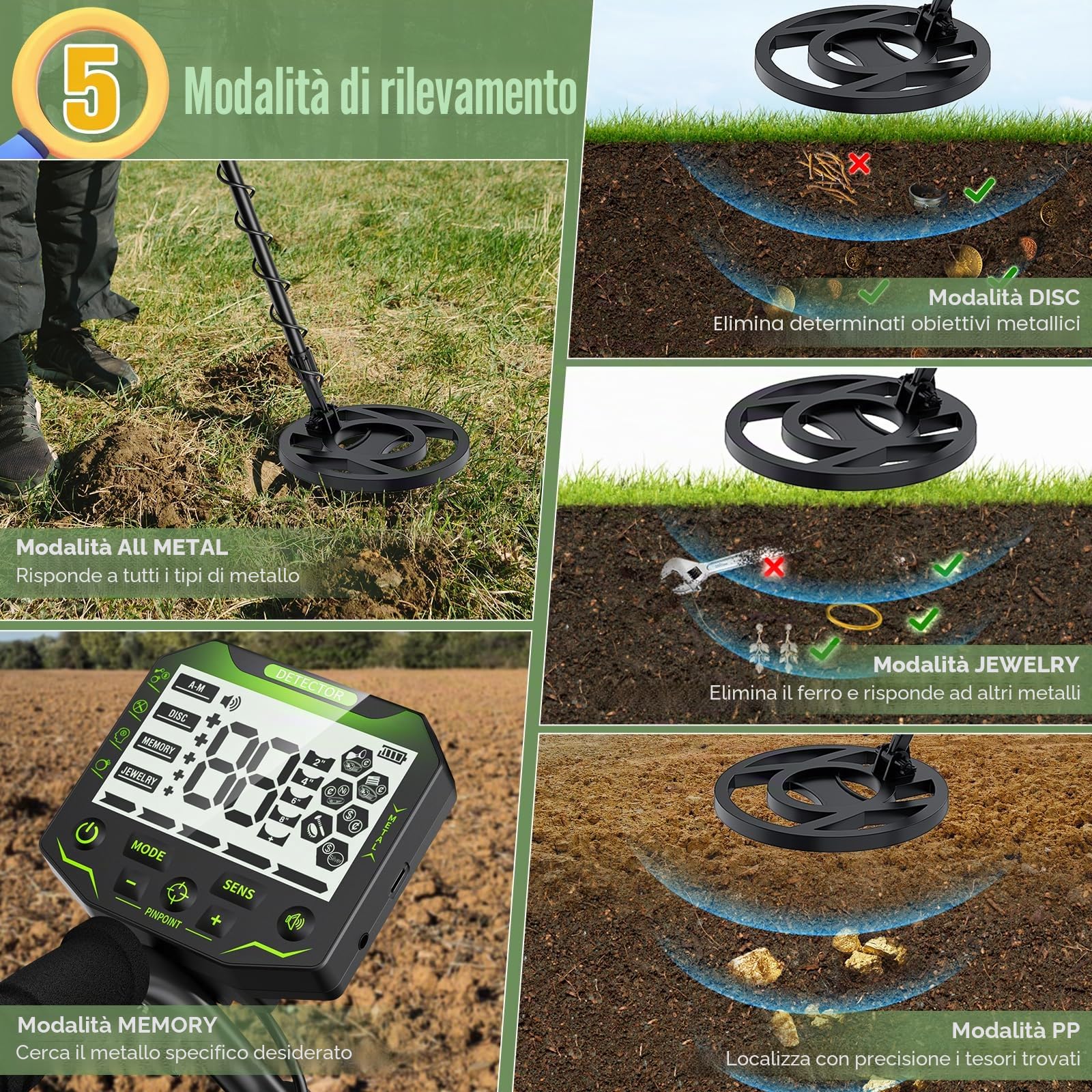 Metal detector, lunghezza regolabile 113 cm-141 cm, 5 modalità, metal detector professionale con display LCD, bobina di ricerca impermeabile IP68 per adulti e bambini