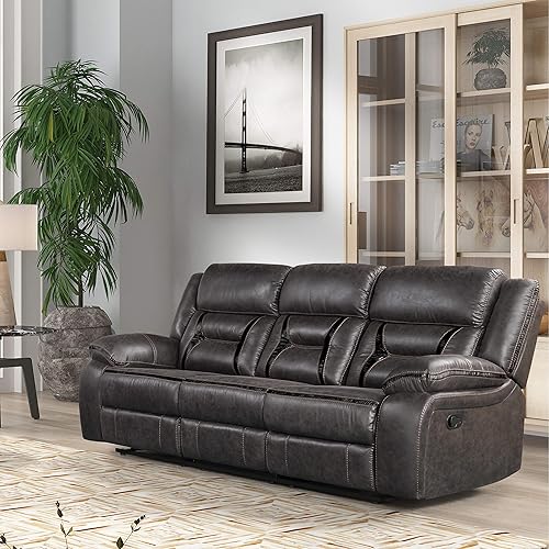 Roundhill Furniture Elkton - Reclinable manual de movimiento con consola de almacenamiento sofá castaño oscuro