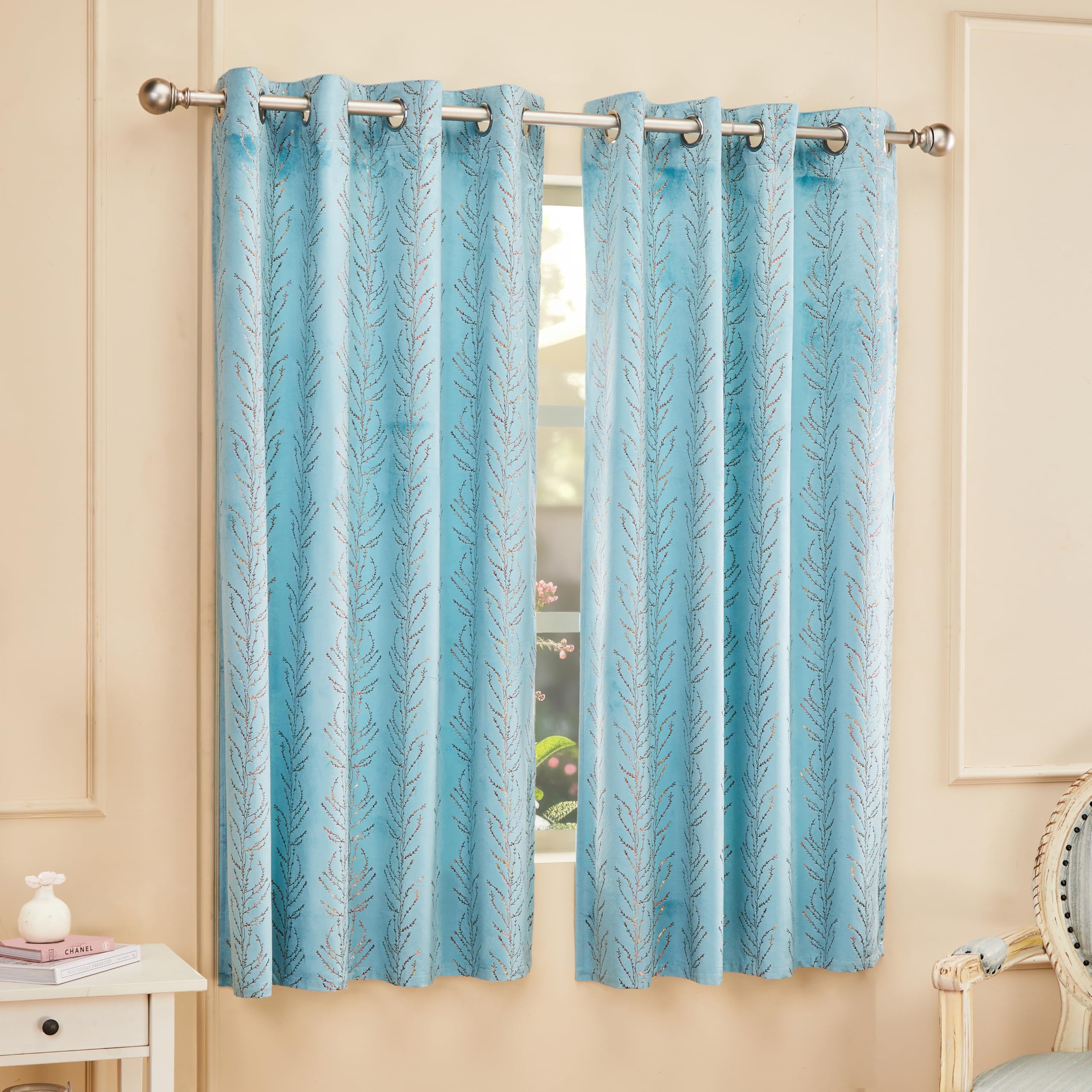 Amazon Brand - Solimo Polyester 75% Blackout Velvet Foil Window Curtains|Blackout Door Curtains|5 Feet |Set of 2|Leaf Print Design |for Living Room Kids Room and Bedroom |Blue|Light-Filtering