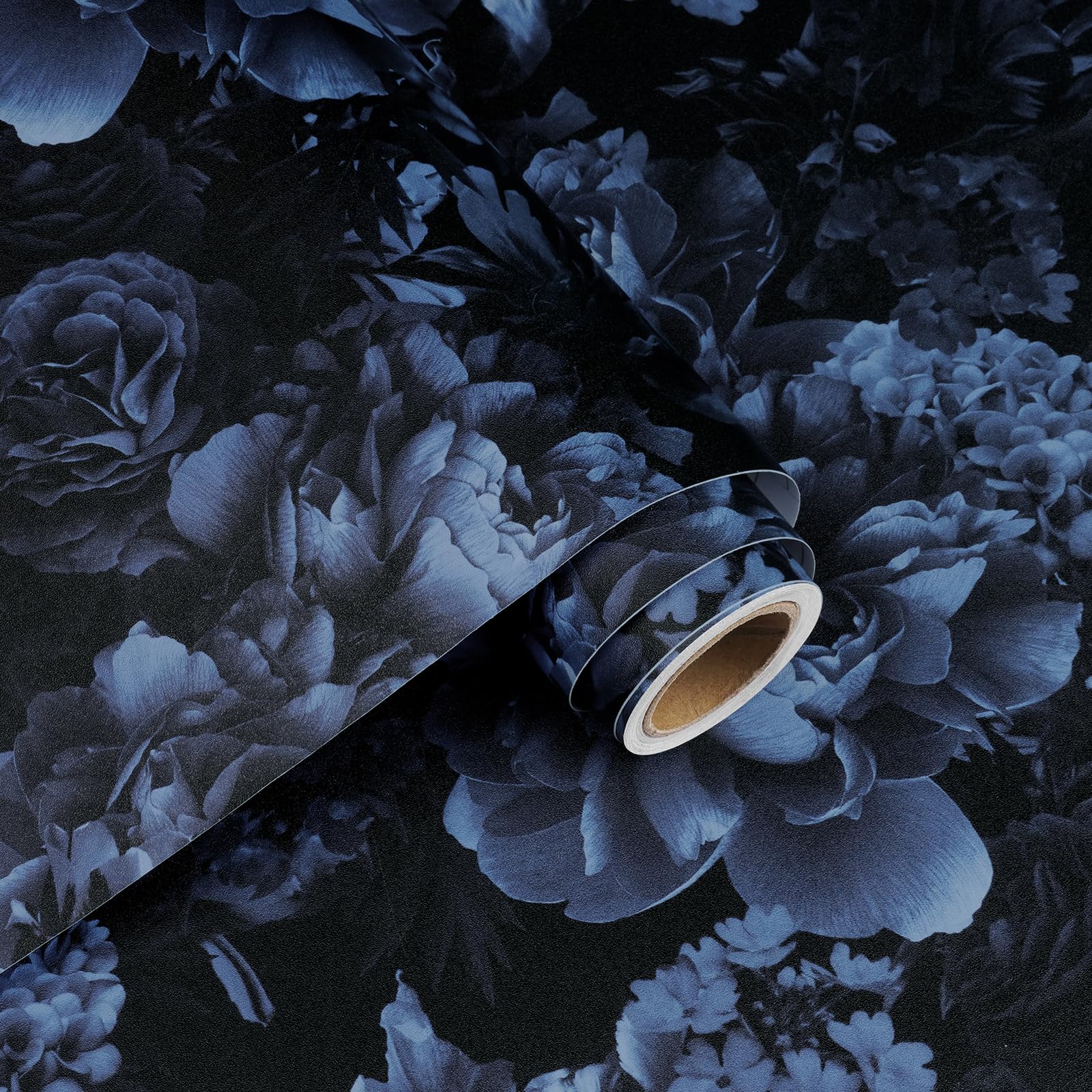 Decotalk Floral Wallpaper Dark Floral Wallpaper Peel and Stick Blue Peony Floral Wall Paper for Bedroom 17.5" X 120" Flower Wallpaper Removable Black