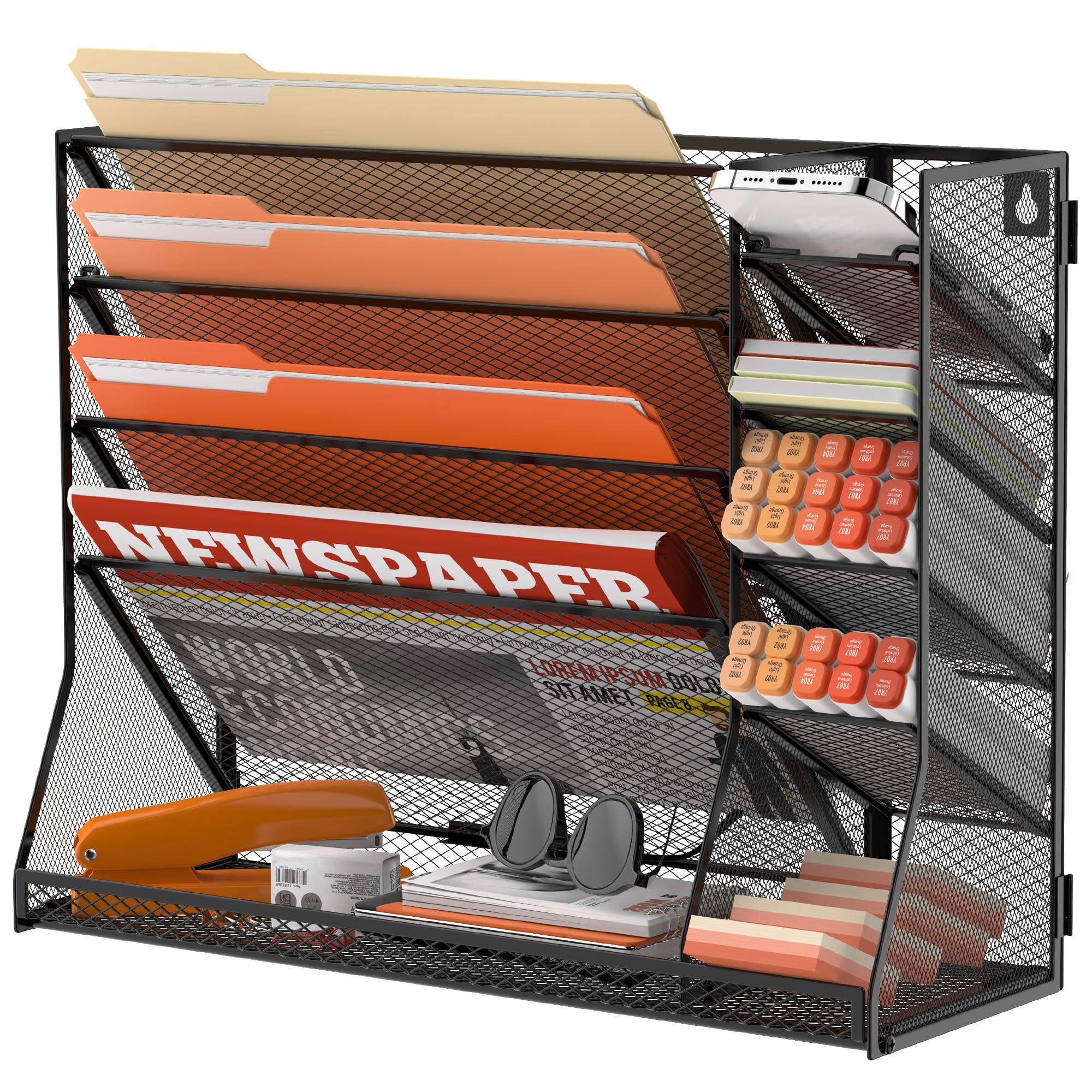 SUPEASY Wall File Organizer, 5-Tier Desk Organizer with 4 Pen Holders, Wall Organizer for Office with R-shaped Bottom Tray, Desk Organizers and Accessories for Office Supplies, Black