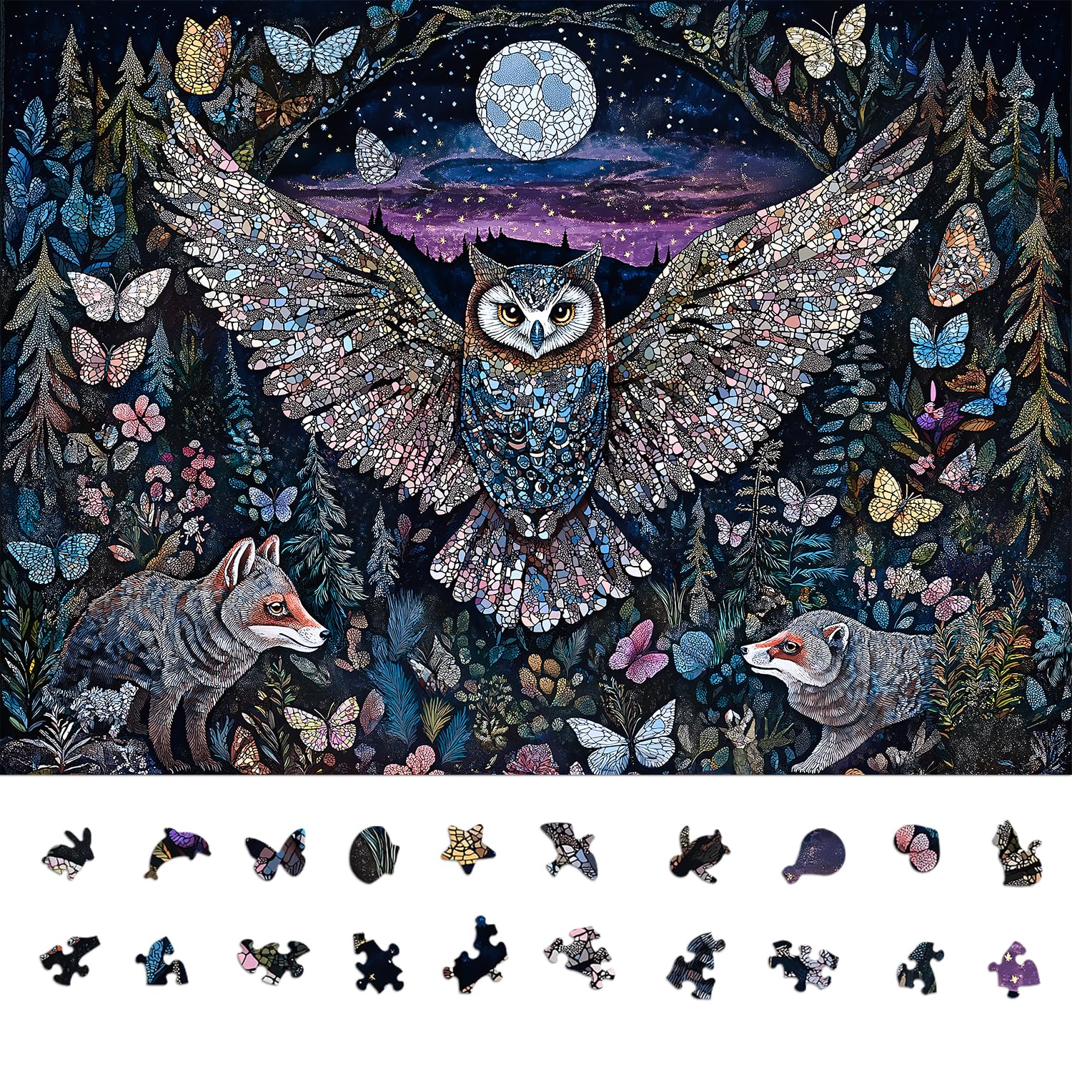 Puzzle da 1000 pezzi per adulti, gufo che si illumina al buio | Enchanted Moonlit Forest Puzzle con farfalle e volpi, stimolante gioco rompicapo a tema natura, 67,6 x 48,8 cm
