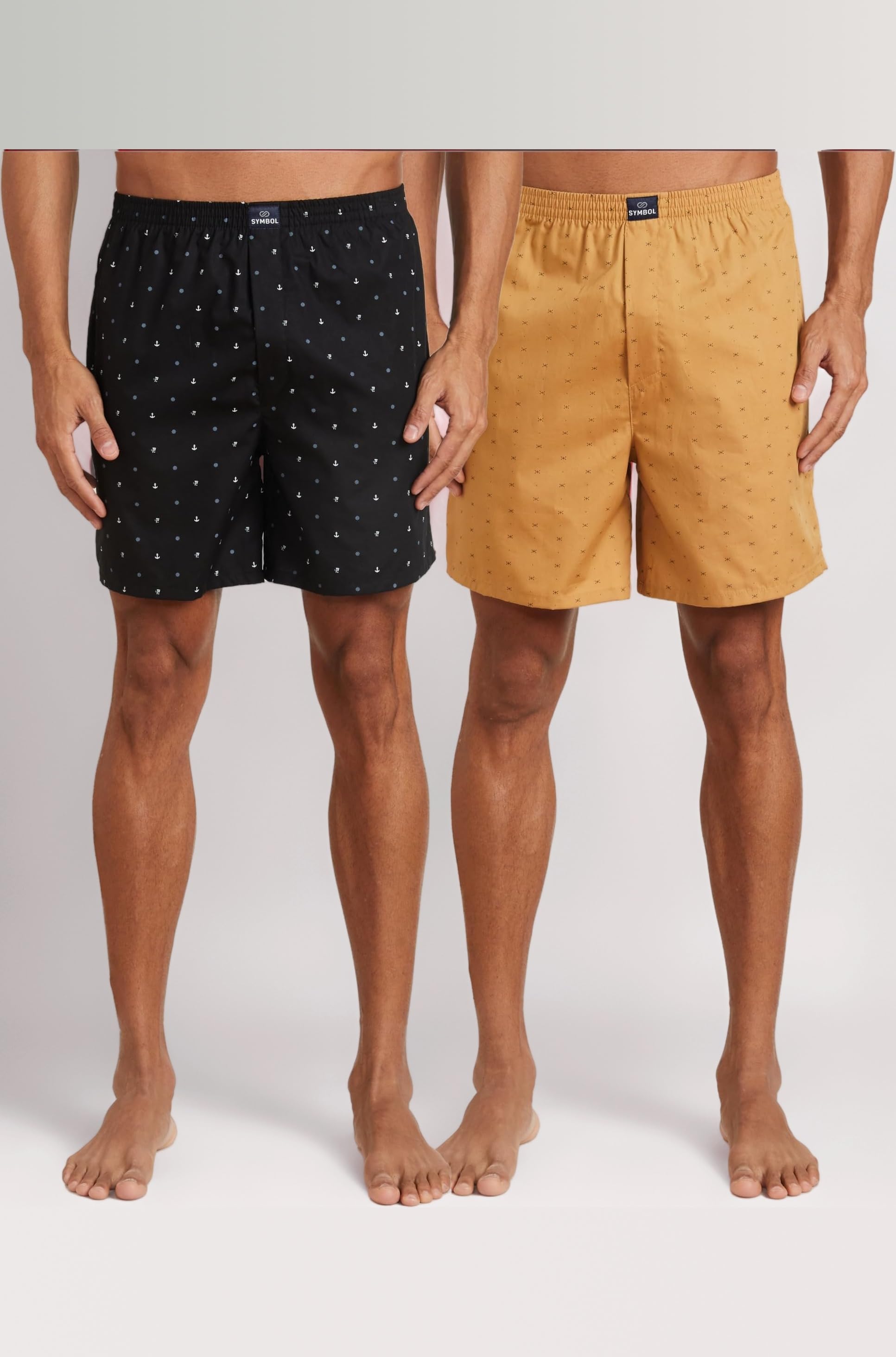 Amazon Brand - Symbol Men's Cotton Printed Boxer Shorts (Combo Pack of 2) Casual | Underwear | Half Pants | Short Pant - Regular Fit with Back Pocket
