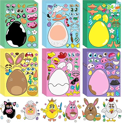 JOYIN 24 calcomanías de Pascua para mezclar y combinar con animales con temática de huevo de Pascua, conejo, pollo, vaca, oveja, pato, suministros