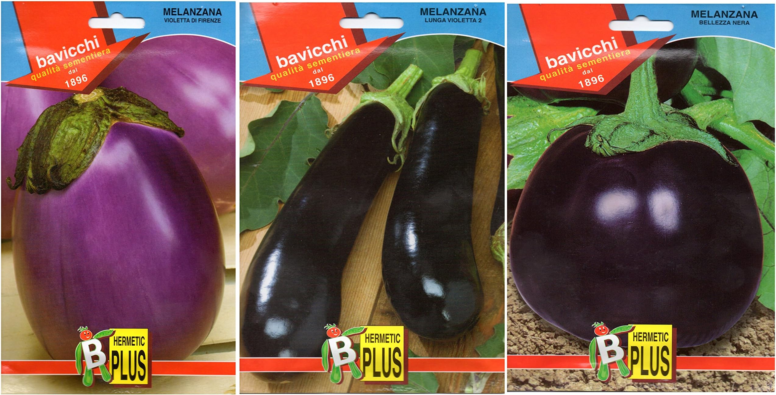 Bavicch Melanzane: MIX Violetta di Firenze, Bellezza Nera, Lunga Violetta 2" Egg Plant, 1Violet Florence, 1 Black Beauty, 1 Early Long Purple 1x2,2g (3) [ Italian Import ]