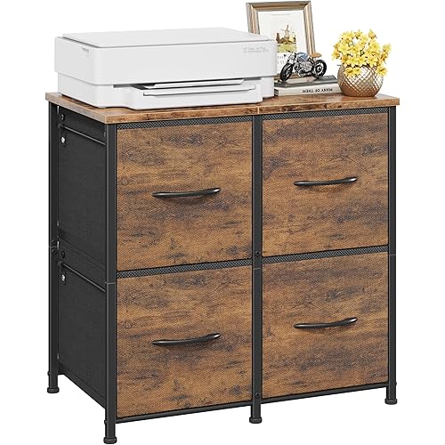 4 Drawer Lateral File Cabinet, Mobile Filing Cabinet for Large Printer, Home Office Functional Small Office Storage Cabinet & Printer Stand, Fabric Drawer, Fits Letter/A4, Rustic Brown