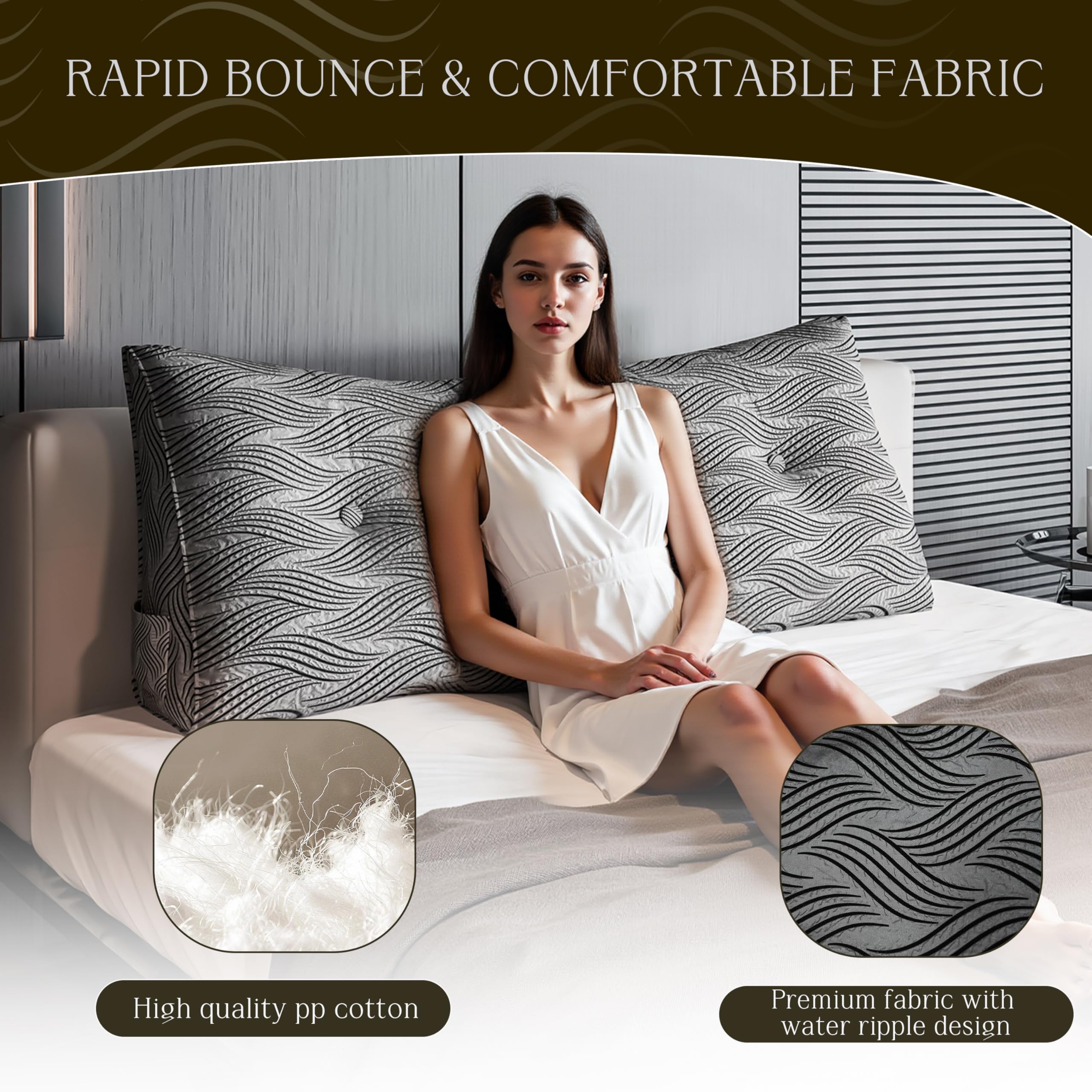 Rückenkissen, Lesekissen für Bett und Sofa, Rückenkissen Bett, Keilkissen Sofa große Kissen für Couch, Wandkissen, Dreieckiges Lesekissen, Deluxe beflockter Crinkle-Stoff (80 cm)