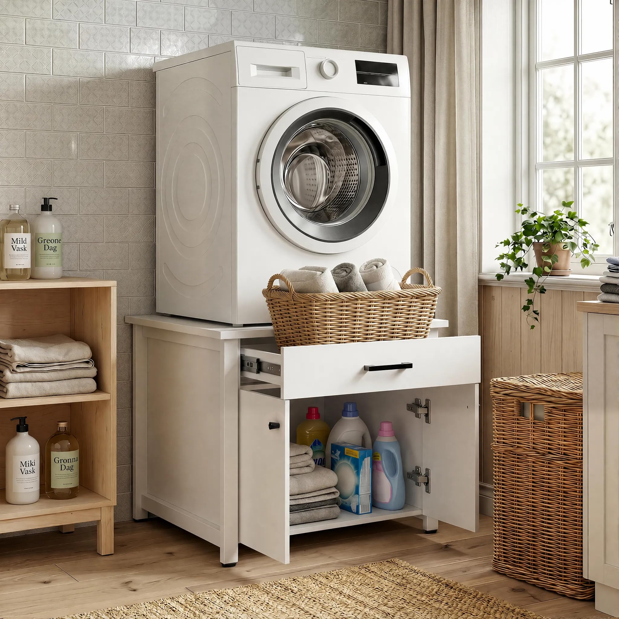 Waschmaschinenschrank Weiß 72x72x56 cm mit 1 Schublade und 2 Türen Metallrahmen und Eisenplatte belastbar bis 150 kg Badezimmerschrank Waschraum Aufbewahrung für Waschmittel und Reinigungszubehör