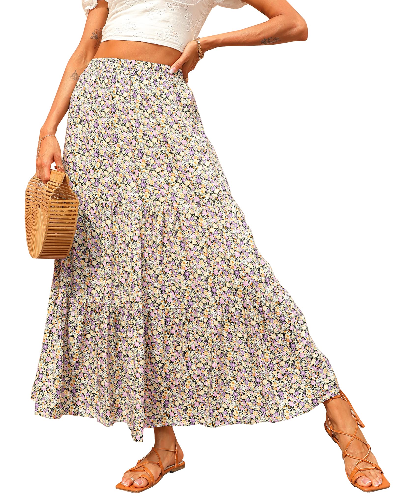 KIRUNDOWomen's 2025 Spring Summer High Waist Boho Floral Maxi Skirt Casual Flowy Swing Pleated A Line Beach Long Skirts