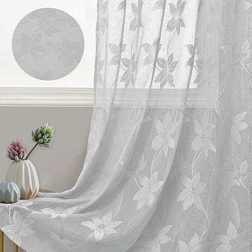 Miniatura 3 de DWCN Cortinas traslúcidas cortas grises para cocina, diseño de encaje floral, bolsillo para barra, cortinas traslúcidas de gasa para ventana, sala