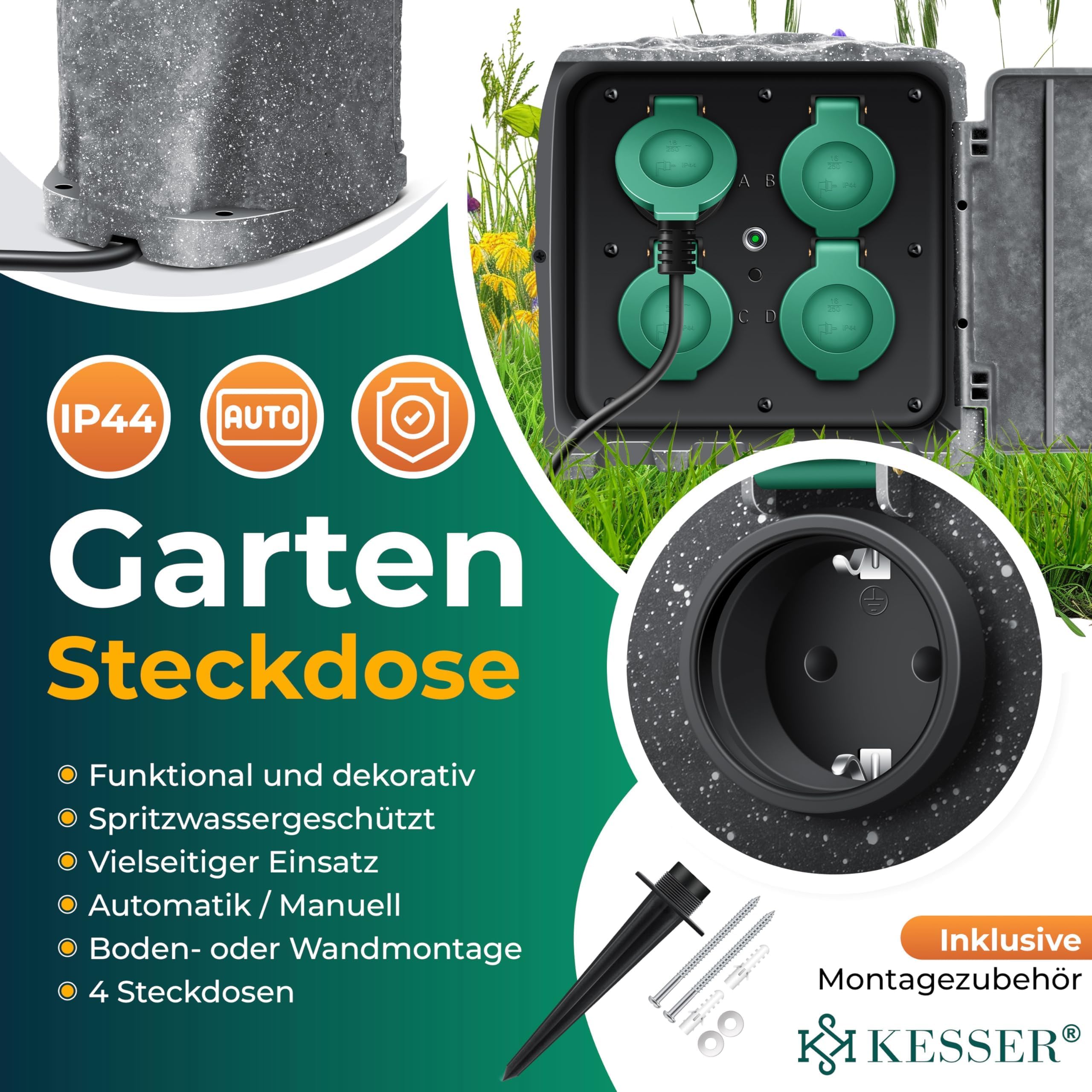 KESSER Zócalo de jardín con aspecto de piedra con 4 enchufes - con función wifi control a través de la aplicación - kit de montaje, enchufes múltiples exteriores con cable de extensión de 3 m toma de