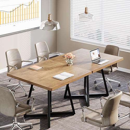 Miniatura 16 de Tribesigns Mesa de conferencia cuadrada de 31.5 pulgadas, mesa de reuniones de oficina industrial para 4 personas, muebles de podcast de negocios