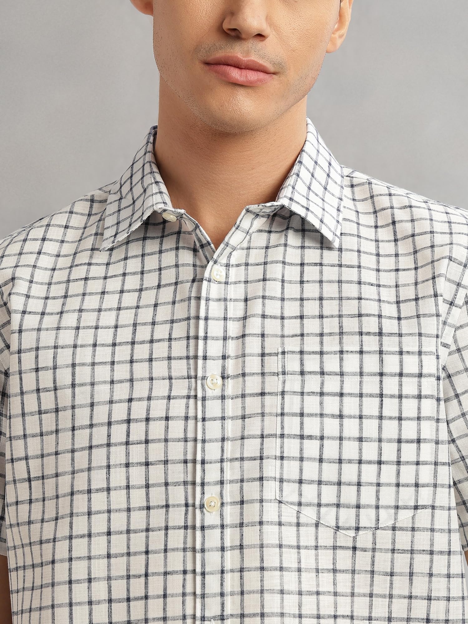 Thomas Scott Camicia da uomo a quadri, mezza manica, vestibilità aderente, misto lino, collo largo, camicia casual