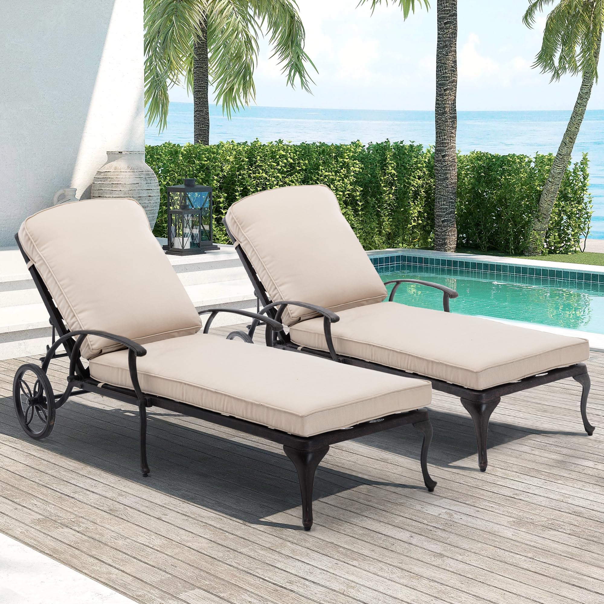 Chaise Lounge Chair Outdoor- Set of 2 Patio Pool Chairs Tanning Lounges for Outside Beach Lounger Reclining Cast Aluminum with Beige Cushions