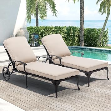 Chaise Lounge Chair Outdoor | Set of 2 Patio Pool Chairs Tanning Lounges for Outside Beach Lounger Reclining Cast Aluminum with Beige Cushions