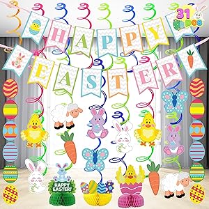 JOYIN 31 PCS Easter Decorations Egg Bunny Foil Swirl Party Hanging Decoration Mega Value Kit for Easter and Themed Party D...