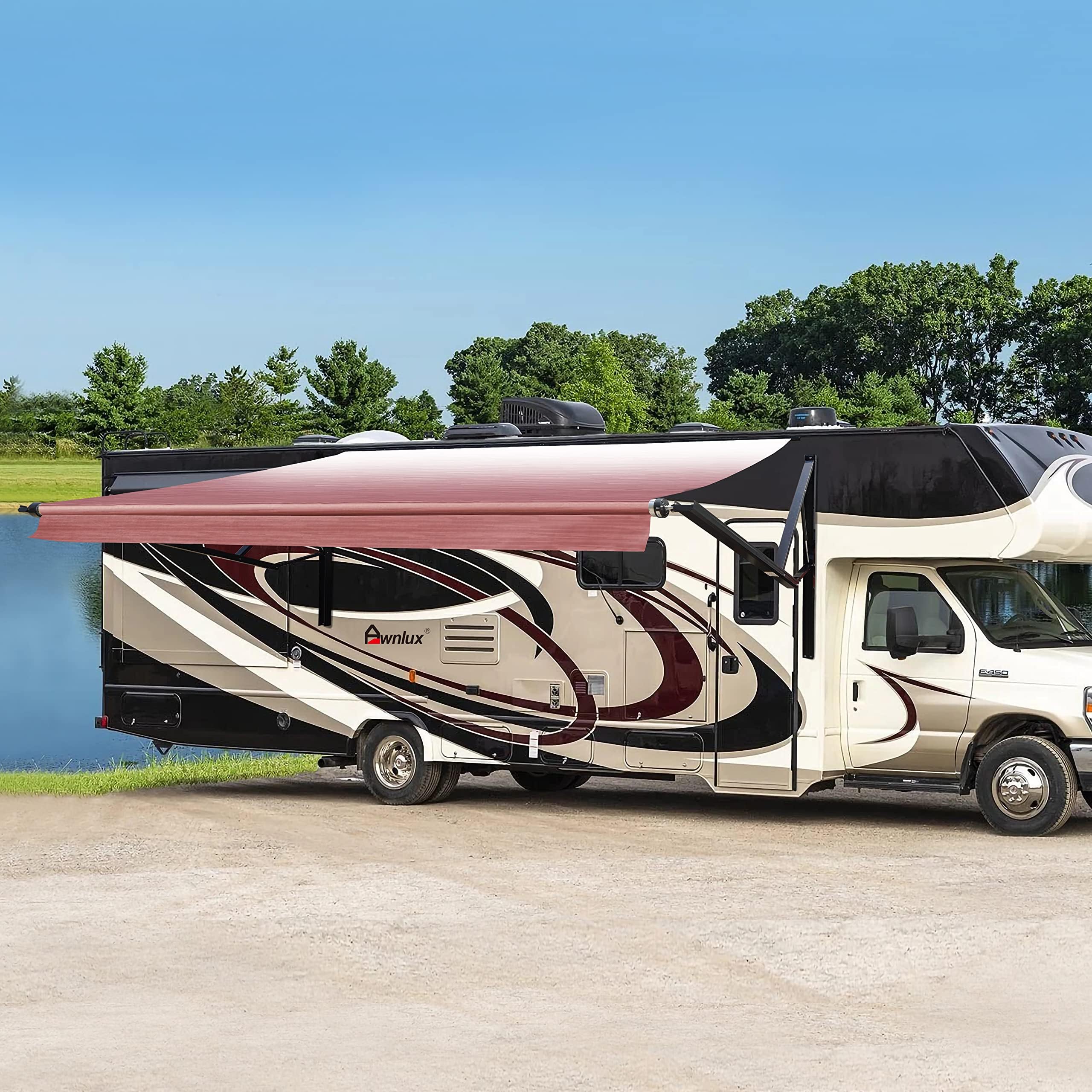 Awnlux Black Motorized Modular Retractable RV Awning Full Set Assemblies for RV, 5th Wheel, Travel Trailers, Toy Haulers, and Motorhome - RV Trailer Awning for Home or Camper - 12x8 Ft - Burgundy Fade