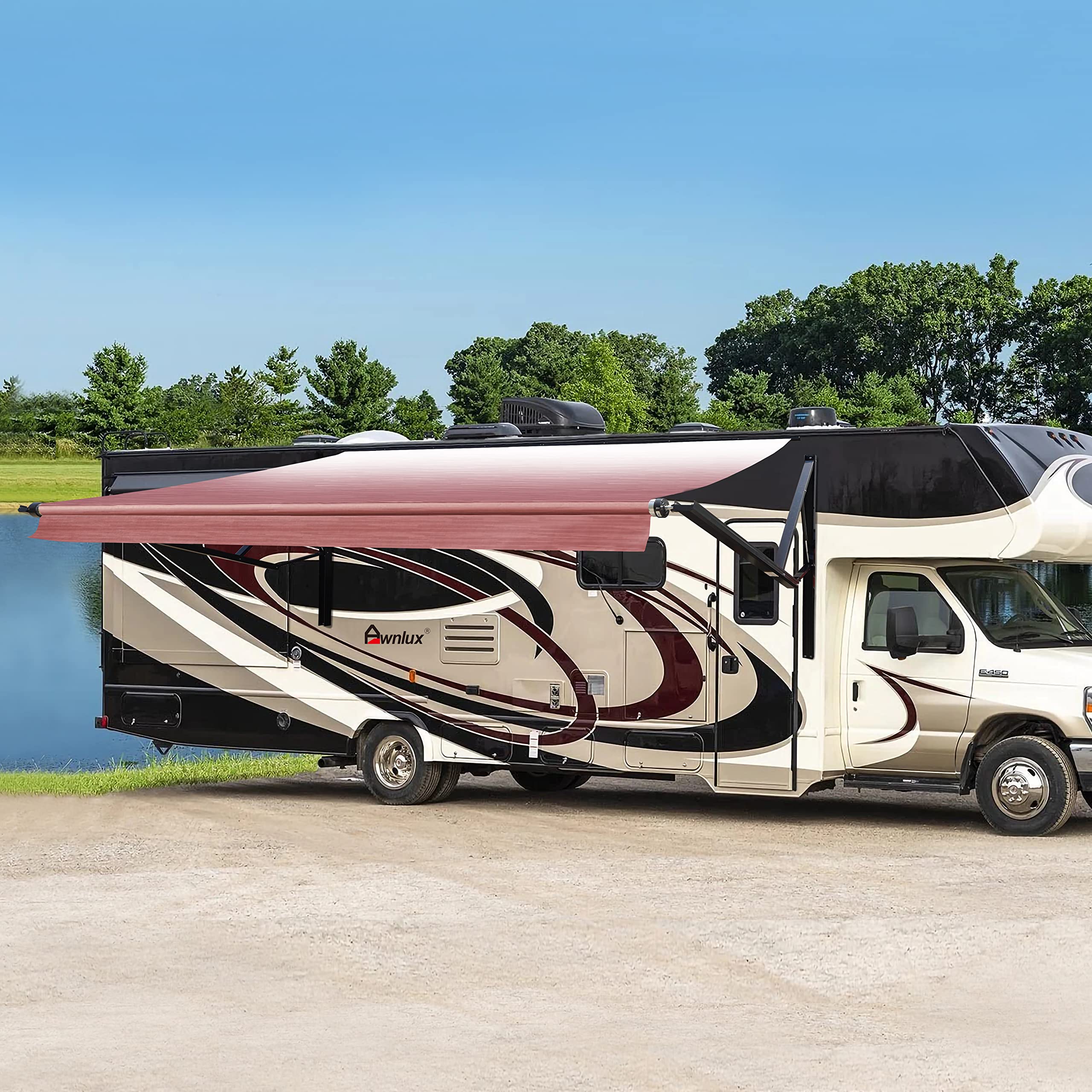Awnlux Black Motorized Modular Retractable RV Awning Full Set Assemblies for RV, 5th Wheel, Travel Trailers, Toy Haulers, and Motorhome - RV Trailer Awning for Home or Camper - 12x8 Ft - Burgundy Fade